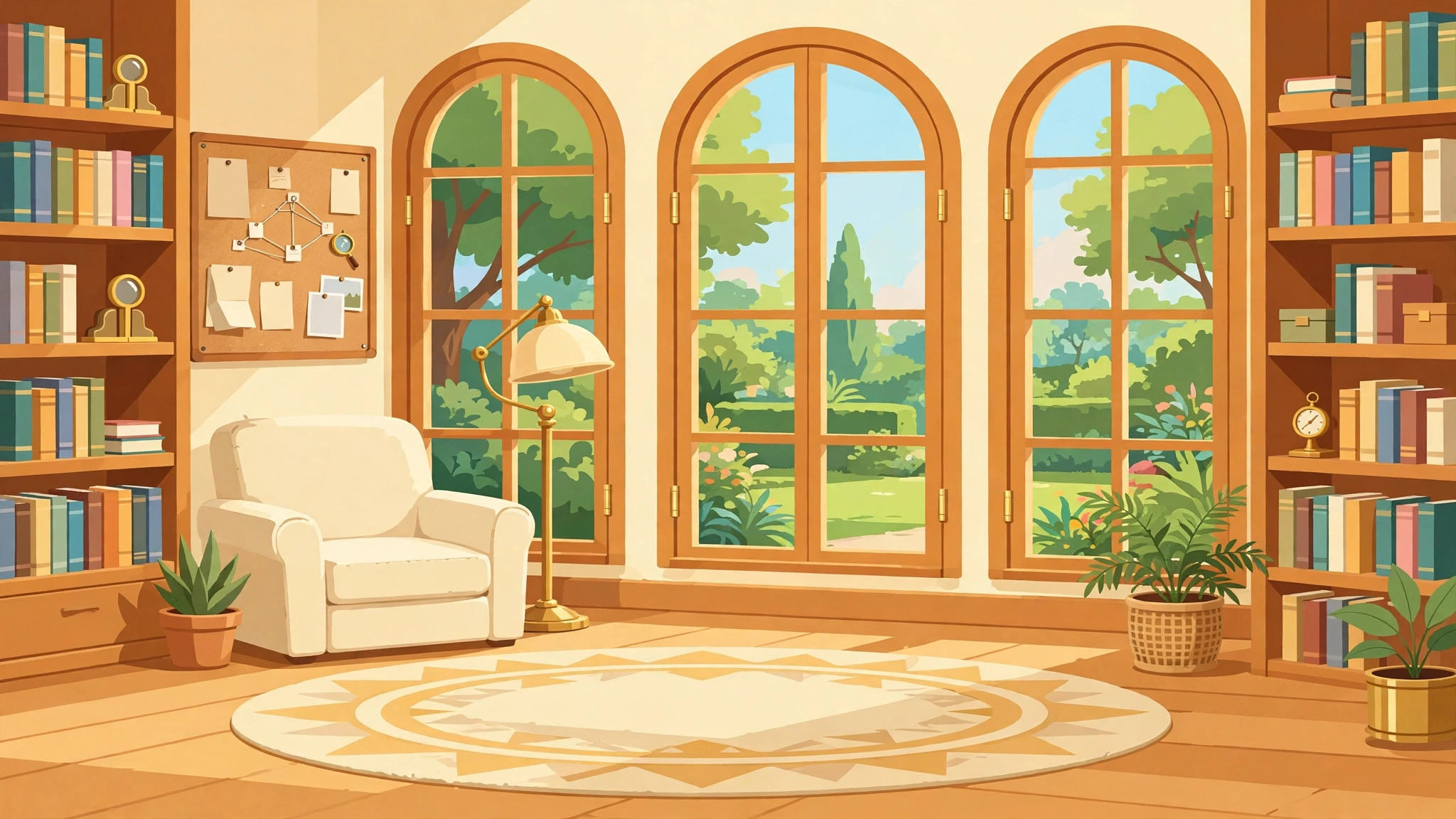 The Daily Deduction — a cozy manor library with tall arched windows