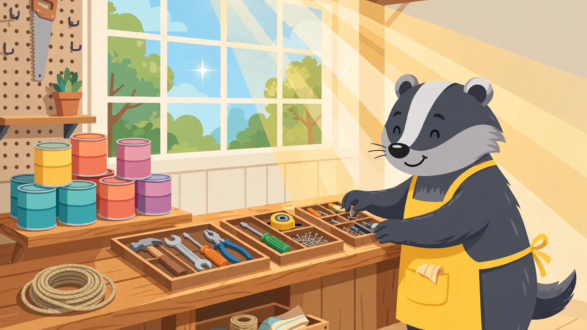 A smiling cartoon badger in a yellow apron tidying a sunny workshop workbench with sorted tool trays, stacked colorful cans and a coiled rope