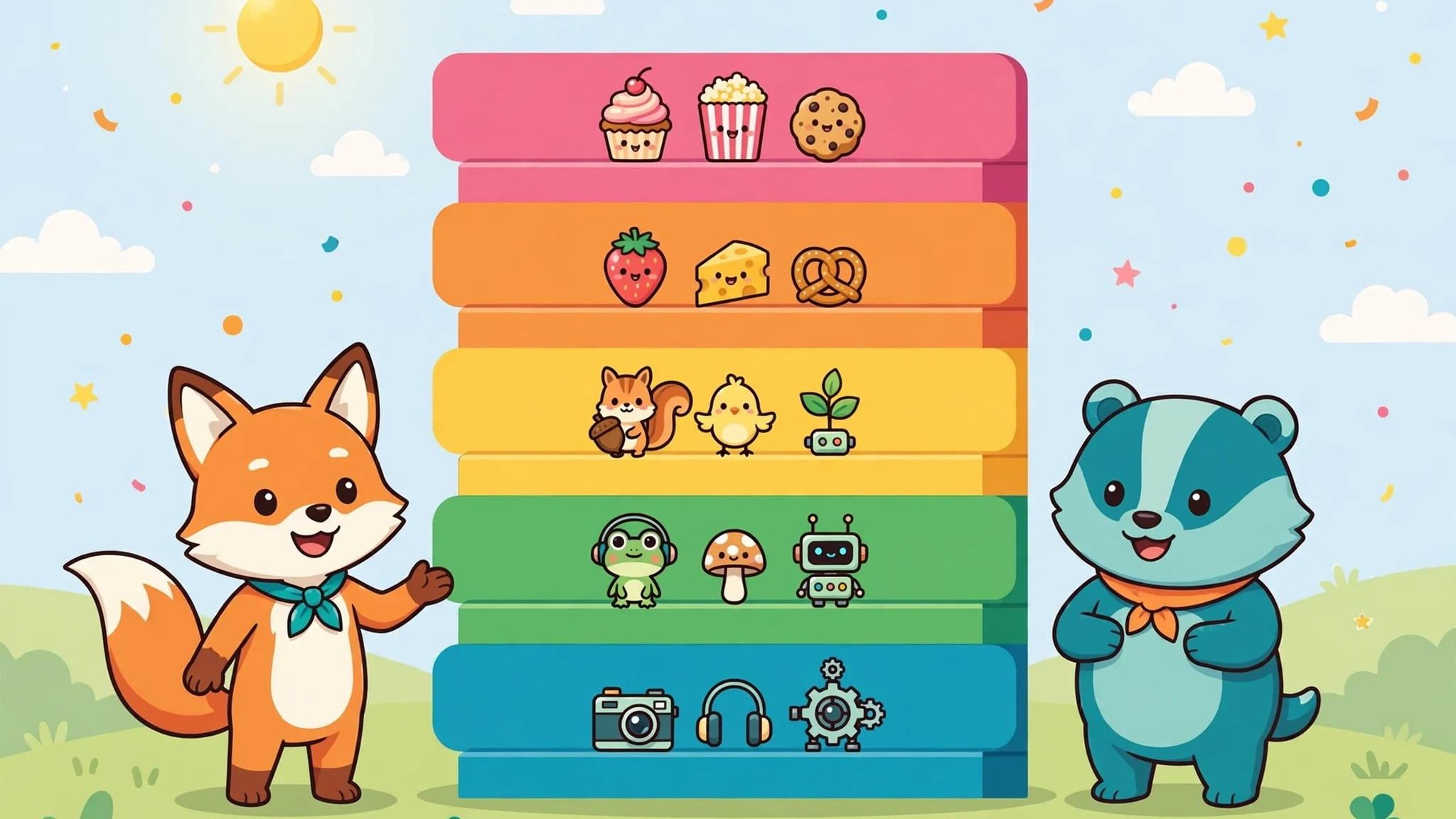 Flat vector art of an orange fox host and a teal badger standing beside a tall five-row tier podium filled with fictional snack, animal and gadget characters under a sunny sky with confetti
