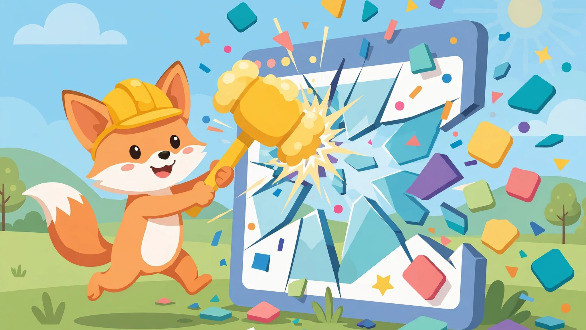 Flat vector cover art: a cheerful orange fox in a yellow hard hat swinging a big foam hammer at a giant cartoon browser window that is shattering into colorful pieces, with confetti and flying picture tiles on a bright sunny background.
