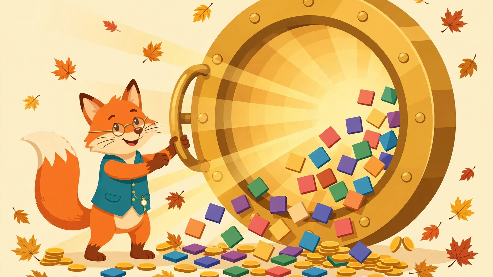 Cheerful orange fox in a teal waistcoat opening a large golden vault door as blank colorful tiles and gold coins spill out, with autumn leaves on a sunny cream background