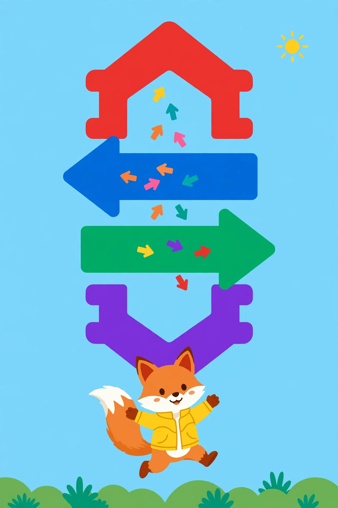 A cheerful fox in a yellow jacket leaps beside four giant arrow gates — red up, blue left, green right, purple down — on a winding path under a sunny blue sky.