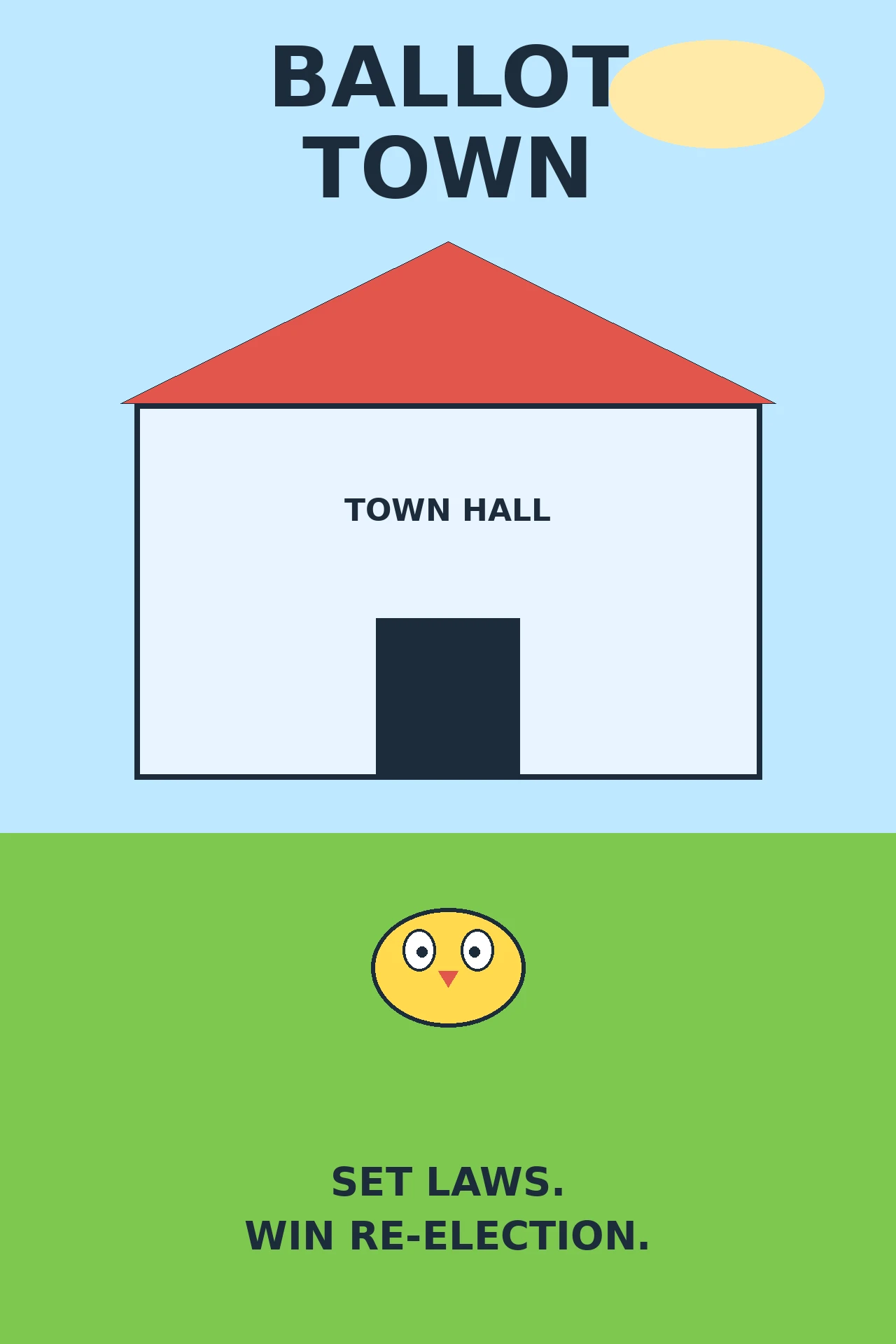 Bright flat-vector cover art for Ballot Town: a cheerful town hall with a red roof, a smiling yellow owl clerk named Cora, green trees, and a blue ballot box on a sunny lawn.