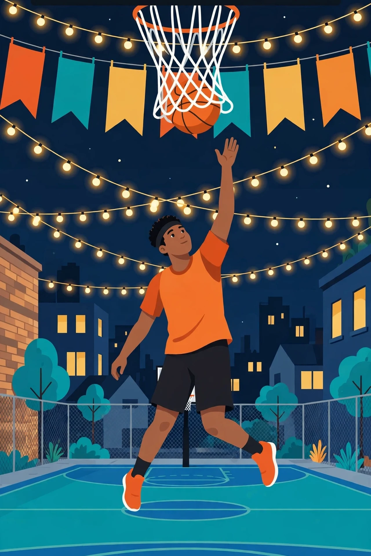 Flat vector illustration of a basketball player in an orange jersey shooting toward a hoop under colorful championship banners and string lights on a neighborhood court at night, with cheering teammates on the sidelines.