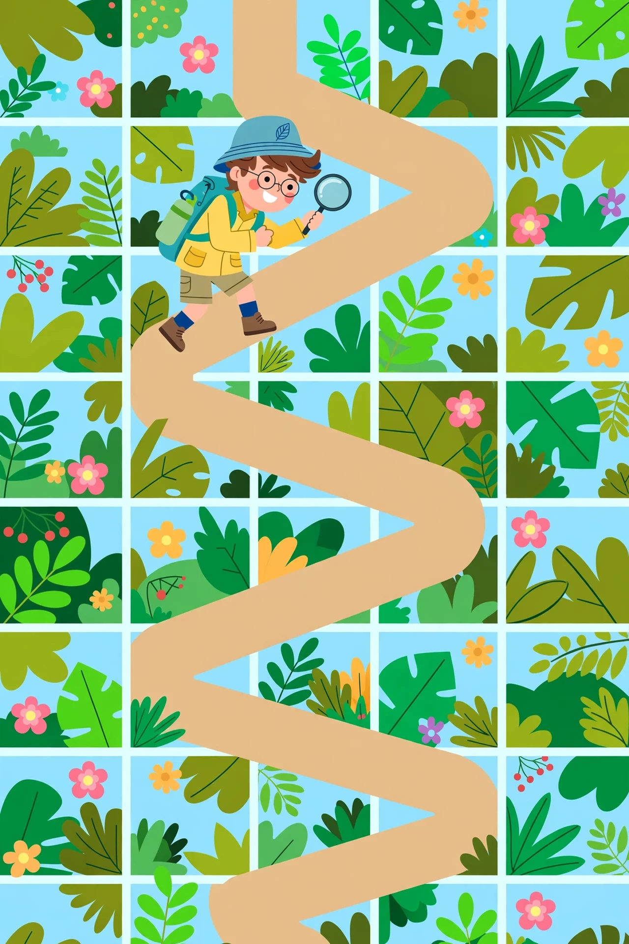 A cheerful young explorer with a backpack and magnifying glass following a winding sandy path through a leafy letter-grid jungle