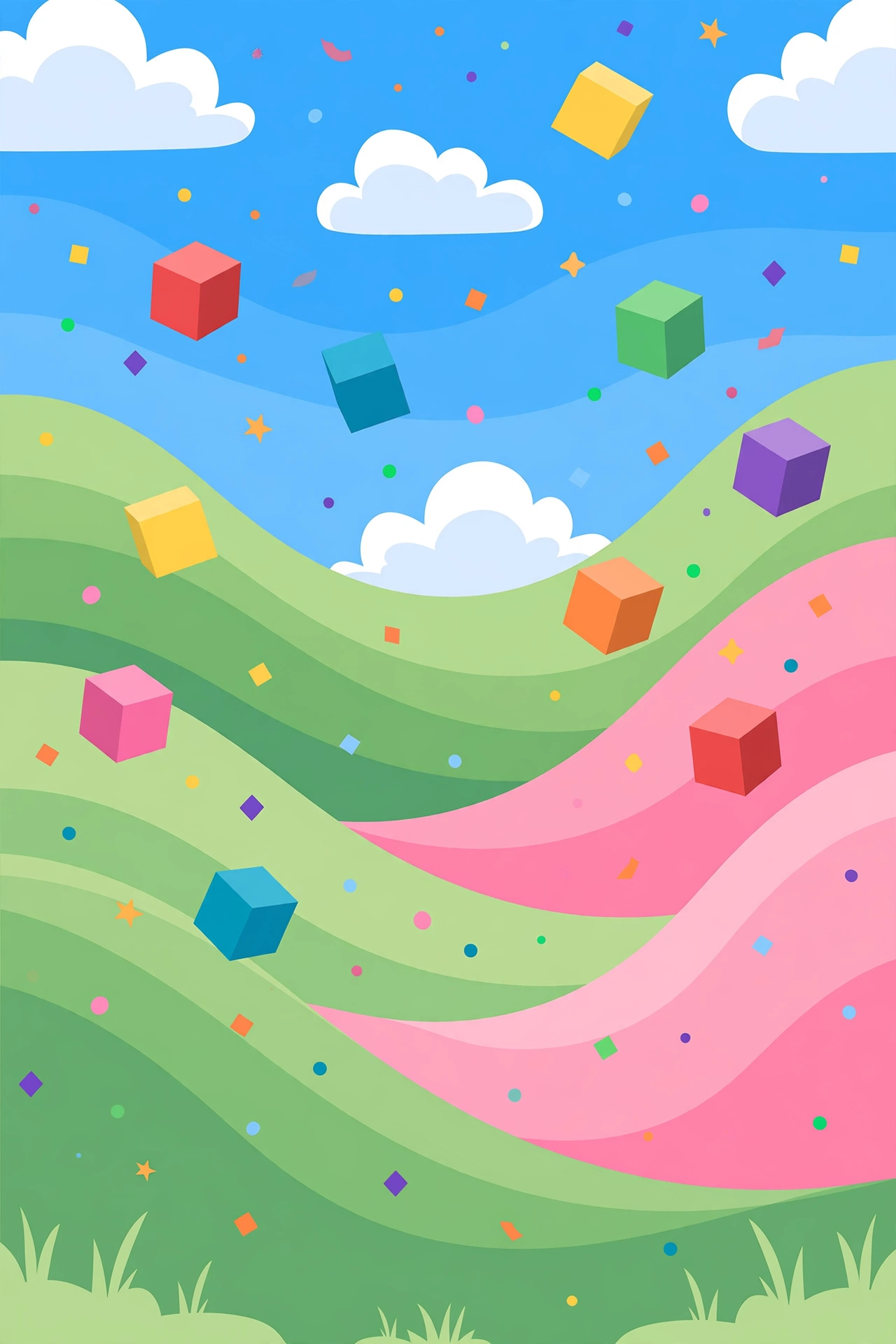 Blast Board Bonanza — rolling pastel hills with colorful blocks floating in the sky