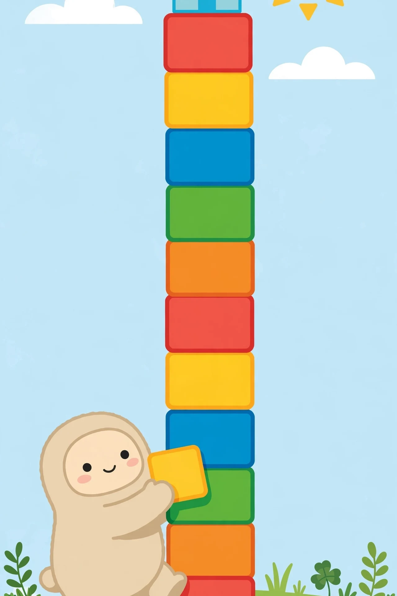 A cheerful cartoon character in a cream hooded outfit placing a large blue block onto a winding path of red, yellow, blue, green and orange blocks leading across a sunny meadow to a small house and tree