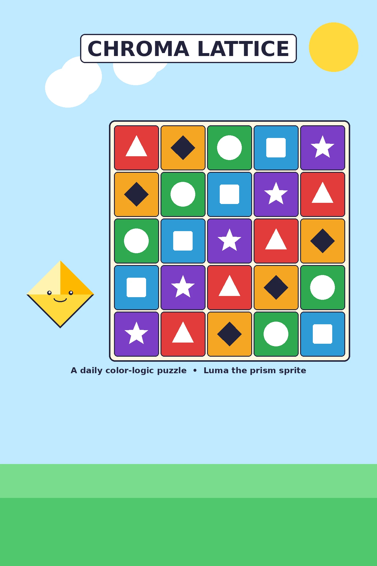 Flat vector illustration of Luma, a cheerful yellow prism sprite, beside a bright lattice grid of colored tiles marked with triangle, diamond, circle, square and star shapes under a blue sky.