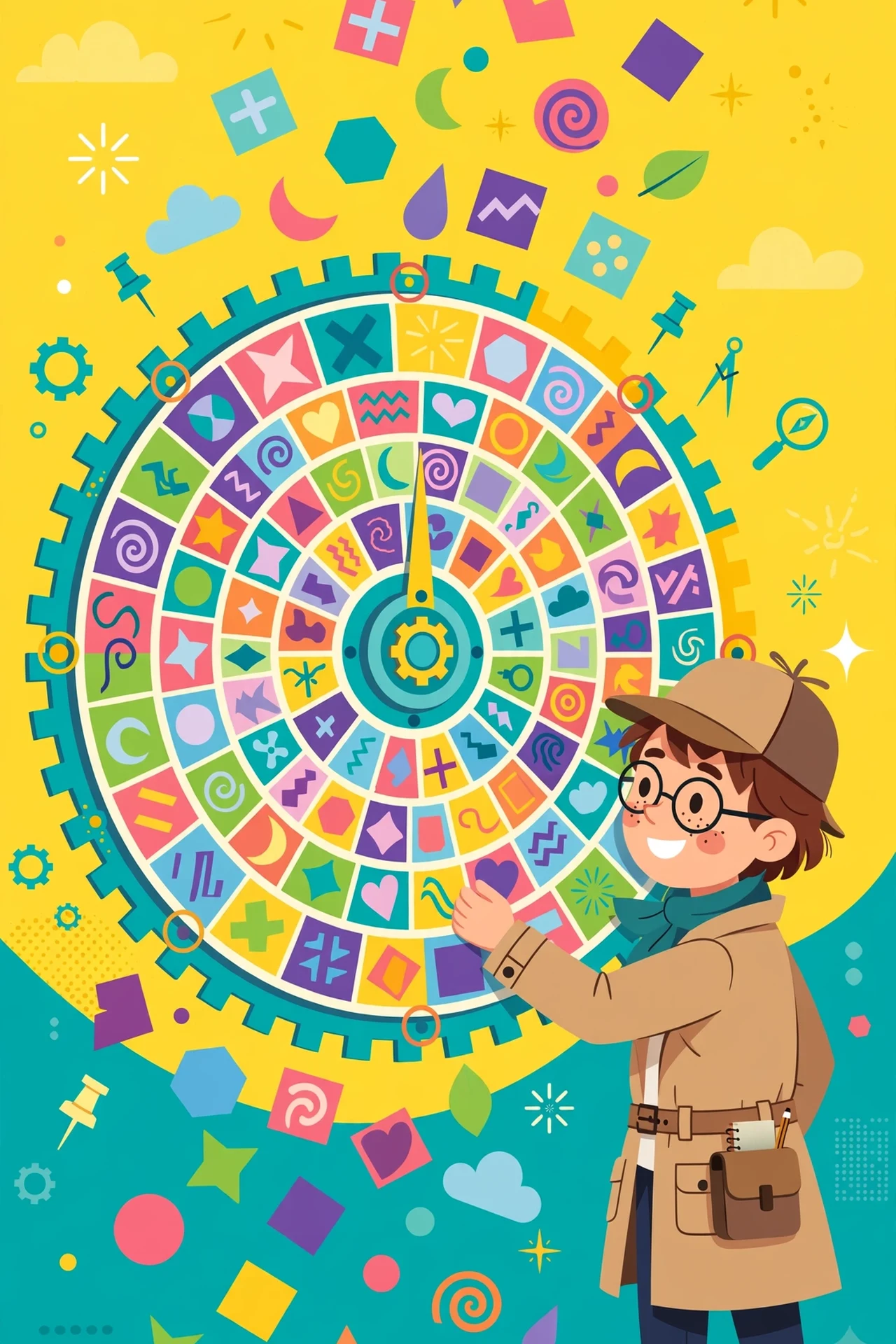 Flat vector art of a young detective with a magnifier beside a large cipher wheel covered in letter tiles, on a bright yellow and teal background