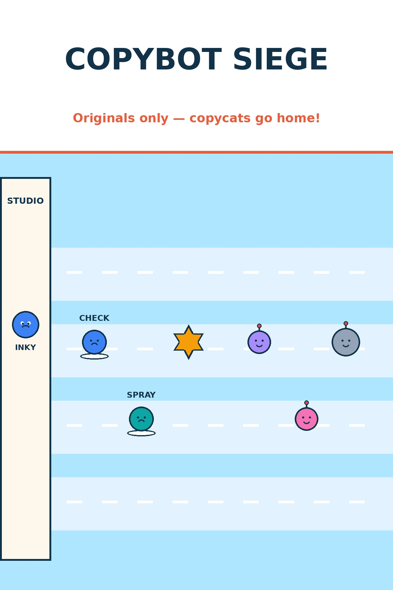 Bright flat-vector lane-defense scene: a blue ink-drop mascot guards a studio while original defenders face marching purple, pink and grey copybot clones.