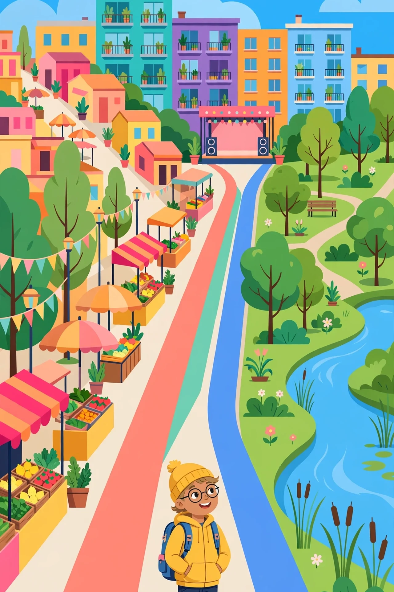 Flat vector illustration of a smiling young character with a blue backpack standing at a city crossroads between colorful market stalls on the left, tall purple, teal and orange apartment blocks with a pink music stage behind, and a green riverside park with a river on the right, under a bright blue sky and yellow sun.