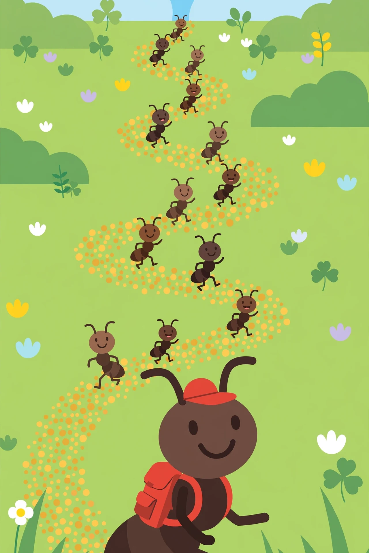 A cartoon ant commander in a red cap and backpack leading a line of happy ants along a dotted golden crumb trail toward a large pile of crumbs in a sunny green meadow.