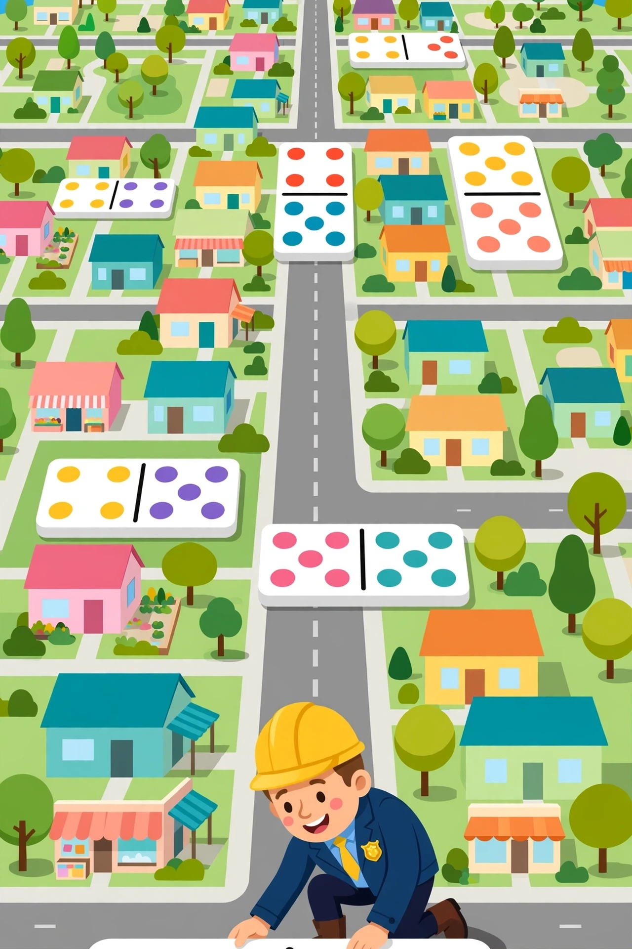 Flat vector illustration of a cheerful mayor in a yellow hard hat placing giant white domino tiles with colored dots across a colorful city district map with houses, trees, streets and shops under a blue sky.