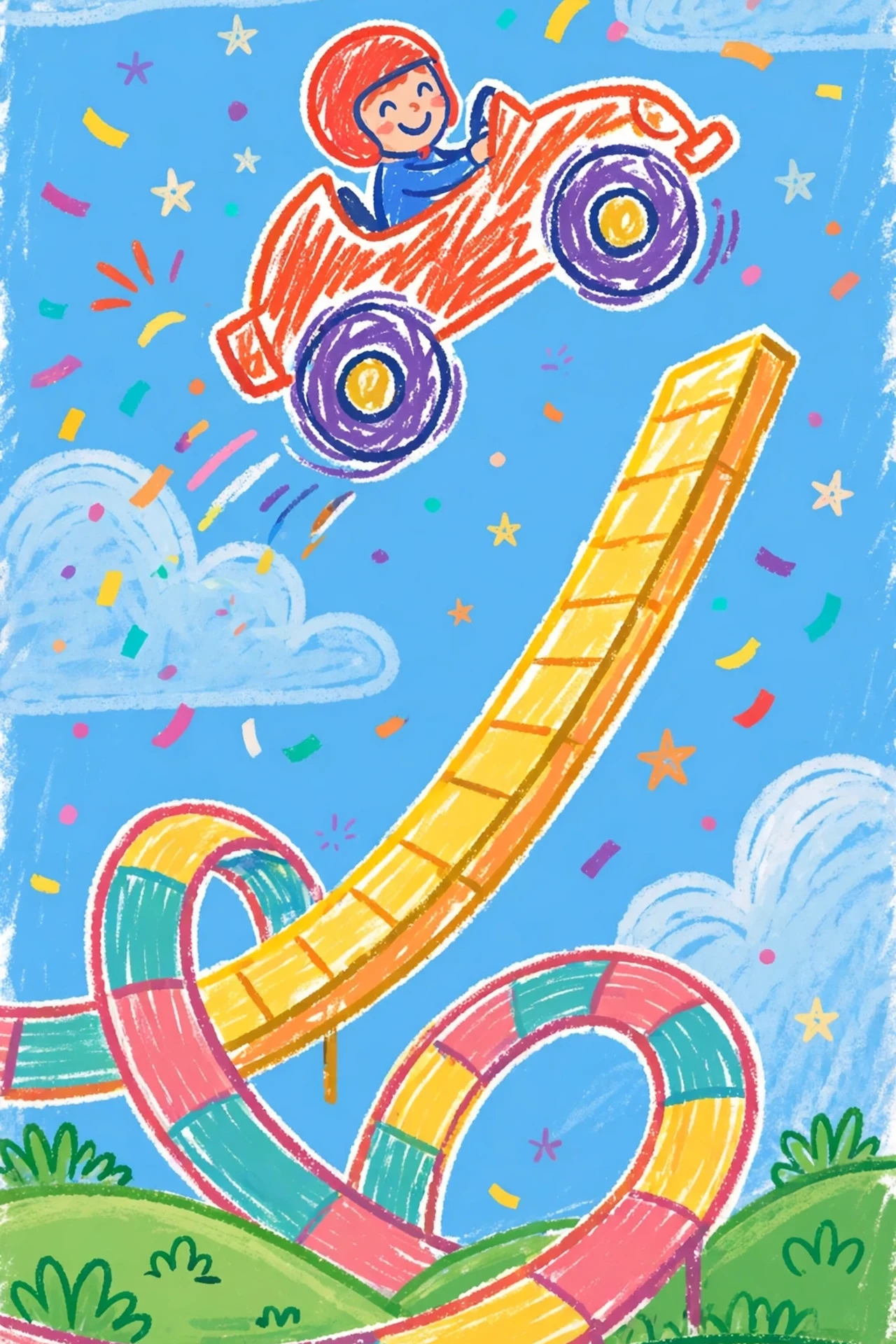A yellow hand-drawn doodle race car with big blue wheels and a smiling driver in a red helmet speeding over orange and red stunt ramps with checkered flags under a bright sun and blue sky