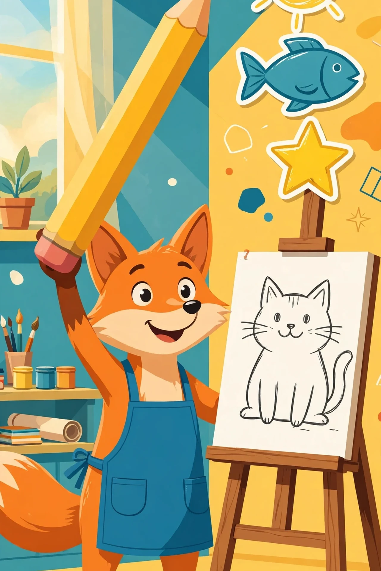 A cheerful orange fox artist in a blue apron drawing a big cat doodle with a giant yellow pencil on an easel, surrounded by sun, fish, house and star doodles in a sunny art studio