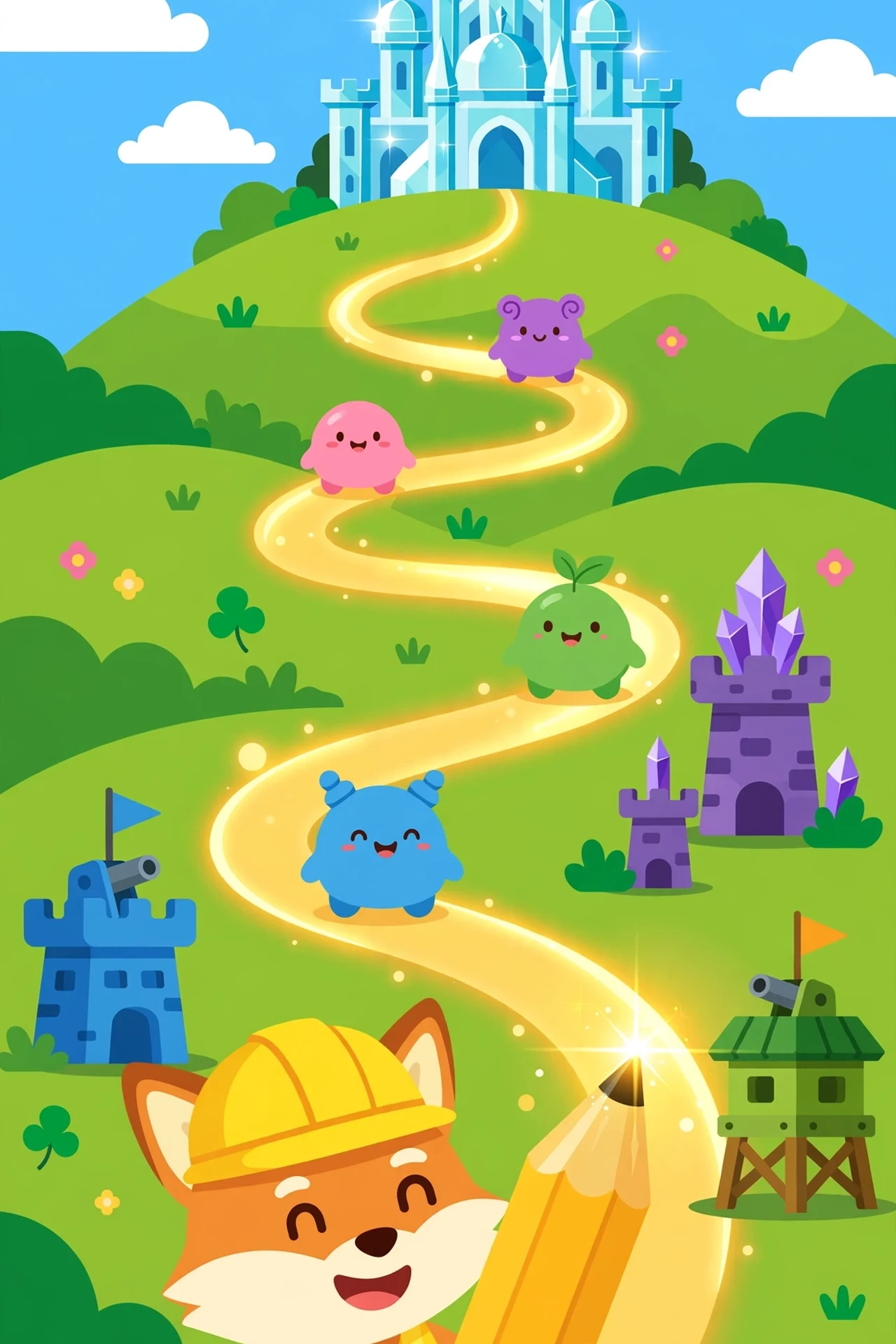 A smiling fox engineer holding a giant pencil beside a winding golden path, with cute round monsters walking it, colorful flower, star and ice towers beside the road, a stone gate on the left and a blue crystal castle on the right under a sunny sky.