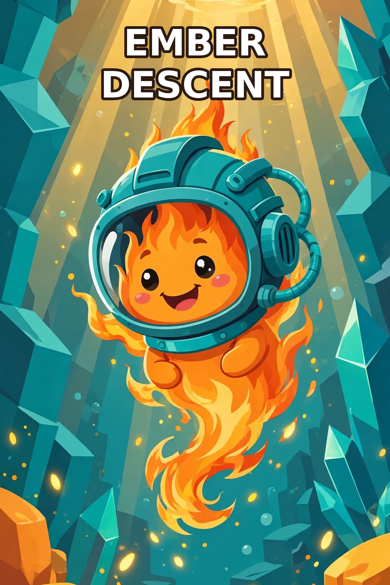 Flat vector illustration of Pip, a cheerful flame diver in a teal helmet, diving through a bright cavern of teal crystals and golden light with the title Ember Descent