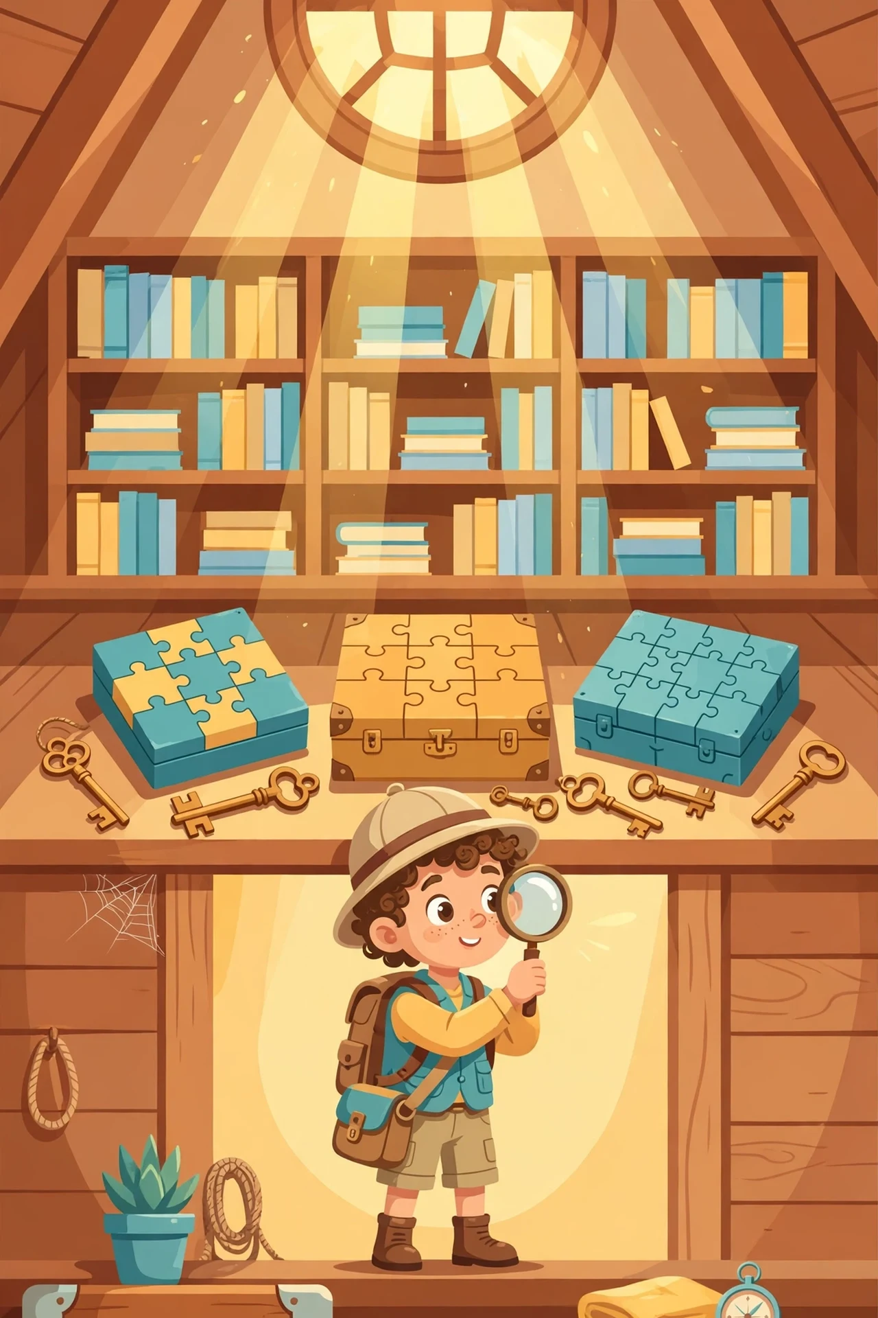 Flat vector illustration of a sunny attic with wooden trunks, puzzle boxes, old keys, bookshelves and a curious explorer with a magnifying glass beside an open trunk