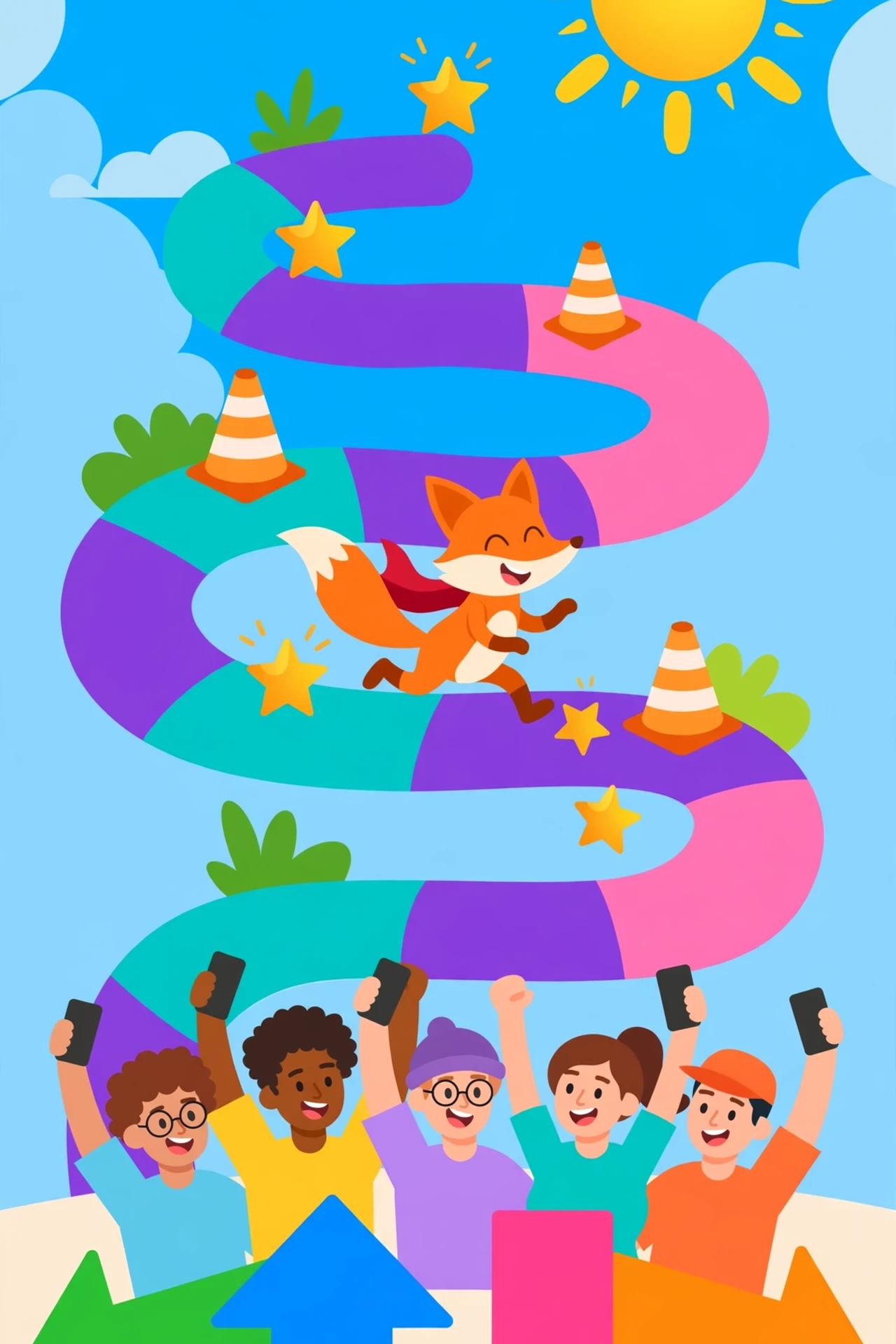 Flat vector illustration of a cheerful orange fox running along a winding obstacle course collecting gold stars and dodging cones and mud puddles, while a diverse crowd of phone-holding voters below cheers with big colorful arrow signs.