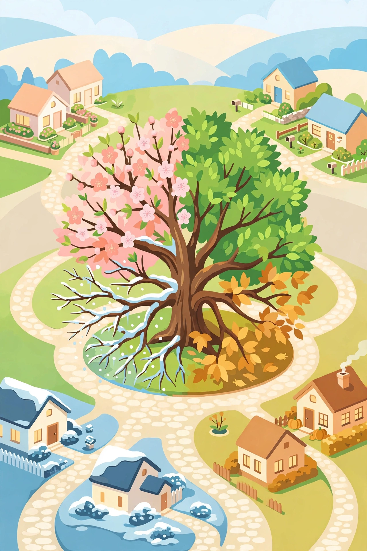Everylife — a storybook neighborhood around a great tree shown in four seasons