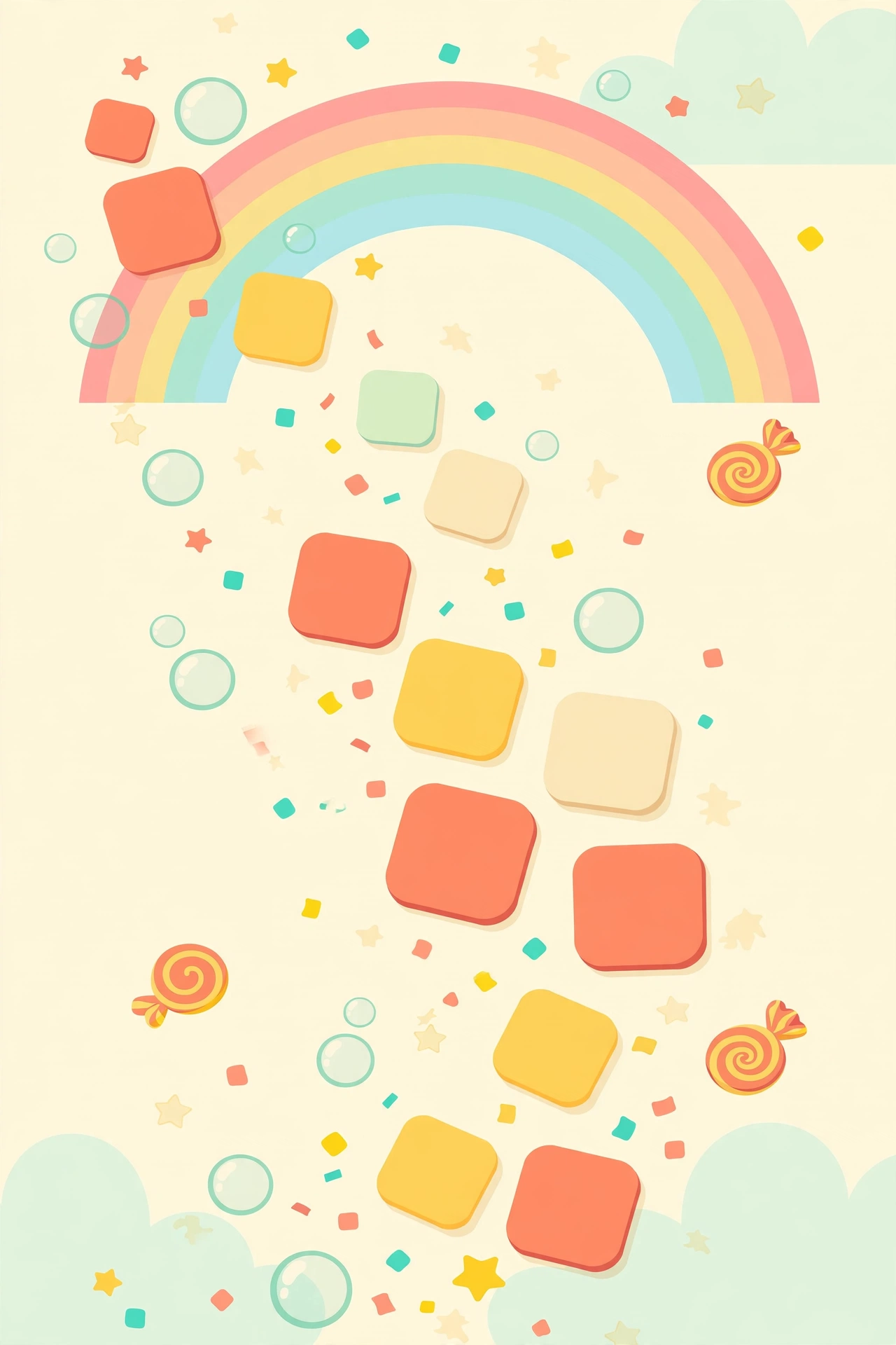 Five Letter Frenzy — candy-colored letter tiles drifting under a rainbow