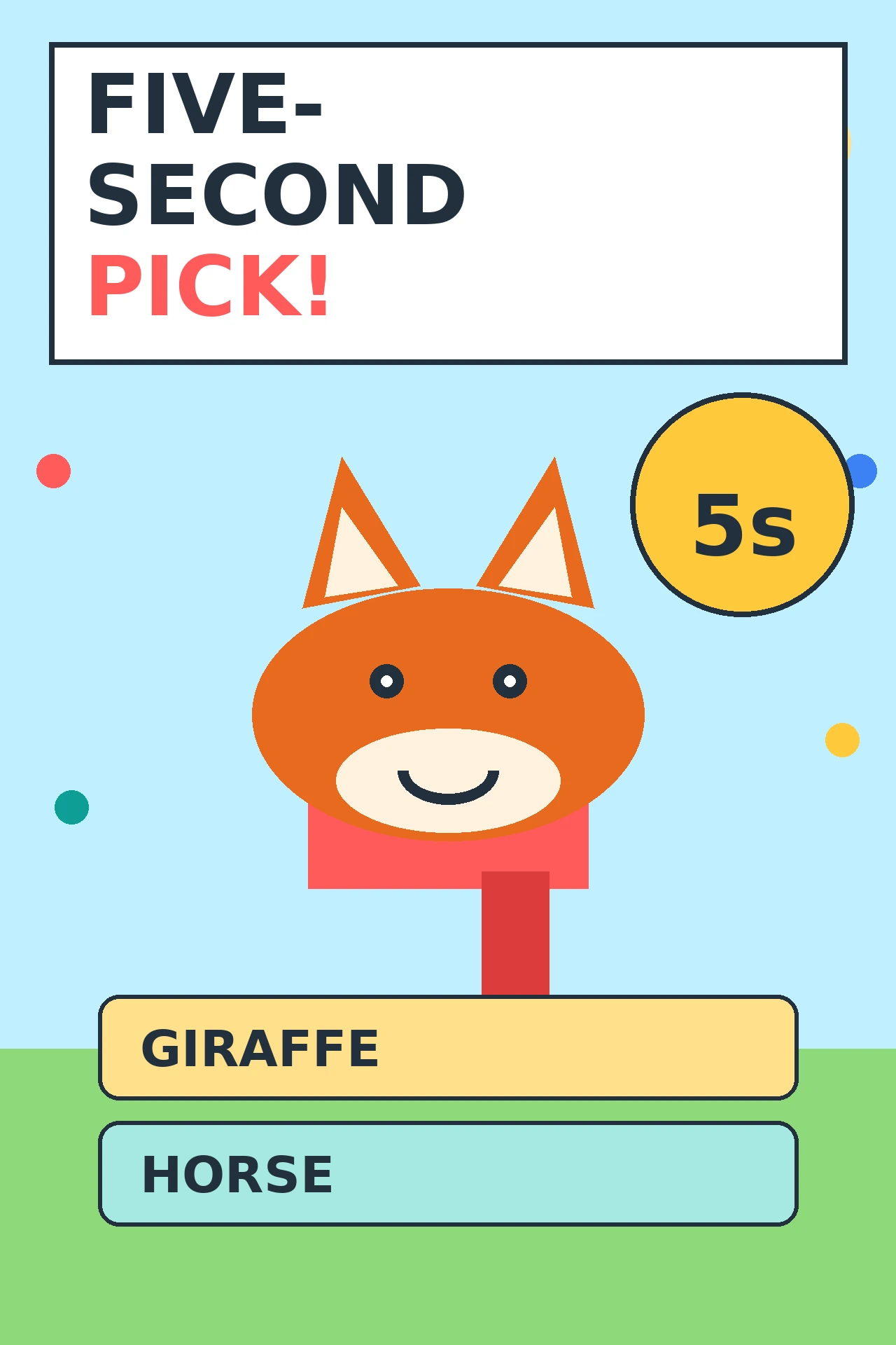 Flat vector illustration of Pip, a cheerful orange fox in a red scarf, between two big answer buttons under a giant five-second timer, on a bright yellow and sky-blue background