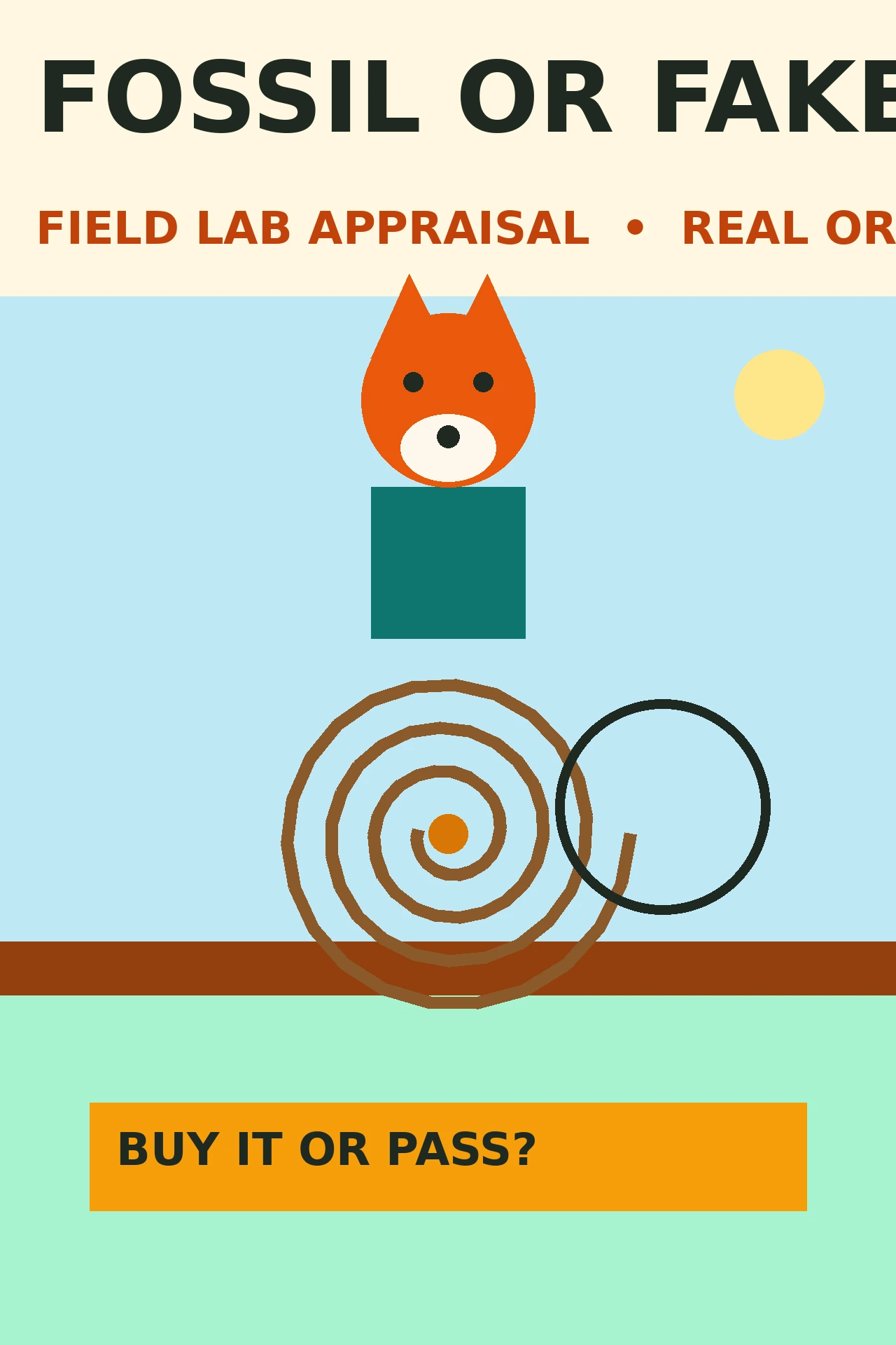 Professor Petra the fox scientist examining a large ammonite fossil in a bright field lab