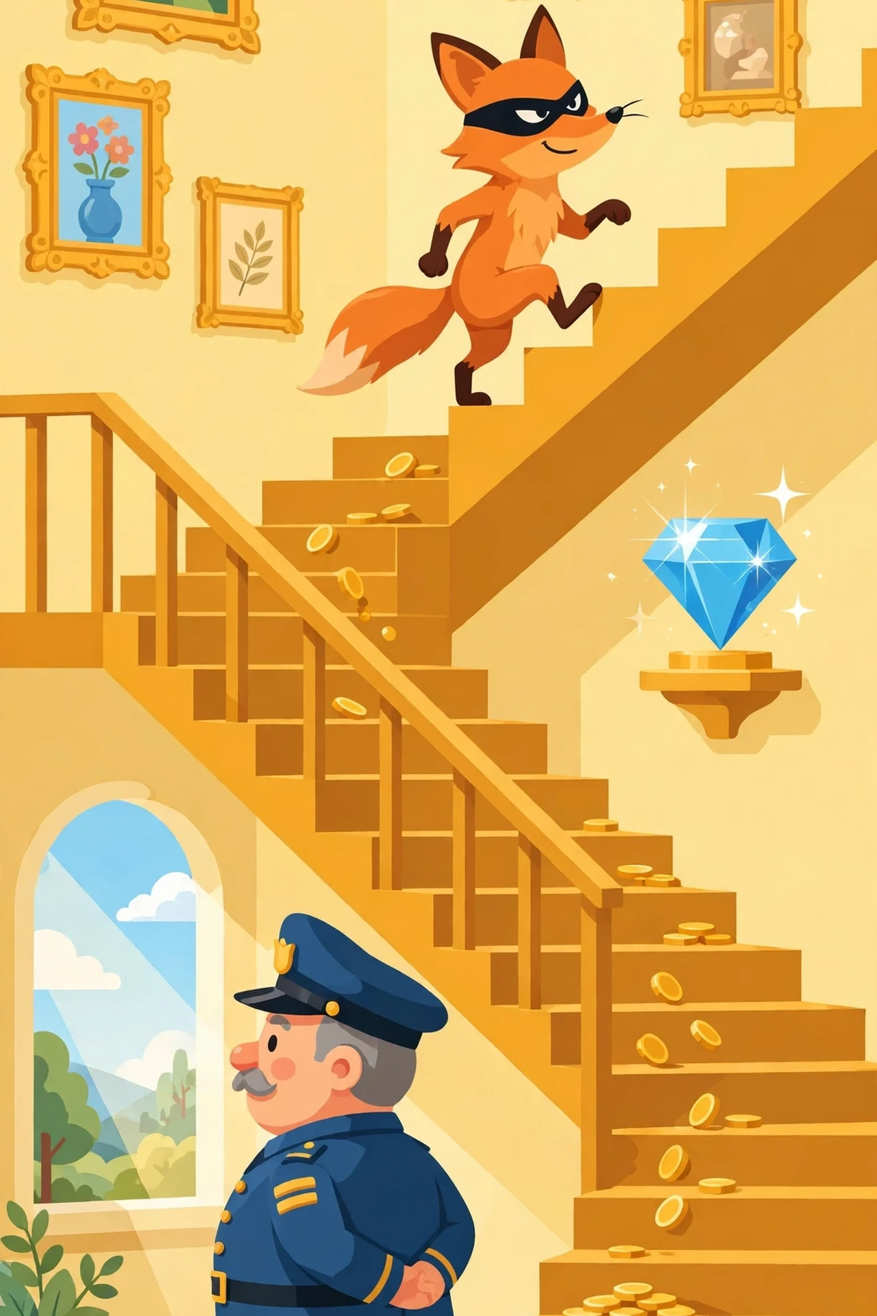A sly orange fox thief in a mask tiptoeing through a sunny museum gallery while a friendly guard looks the other way, with gold coins and a sparkling gem on a pedestal
