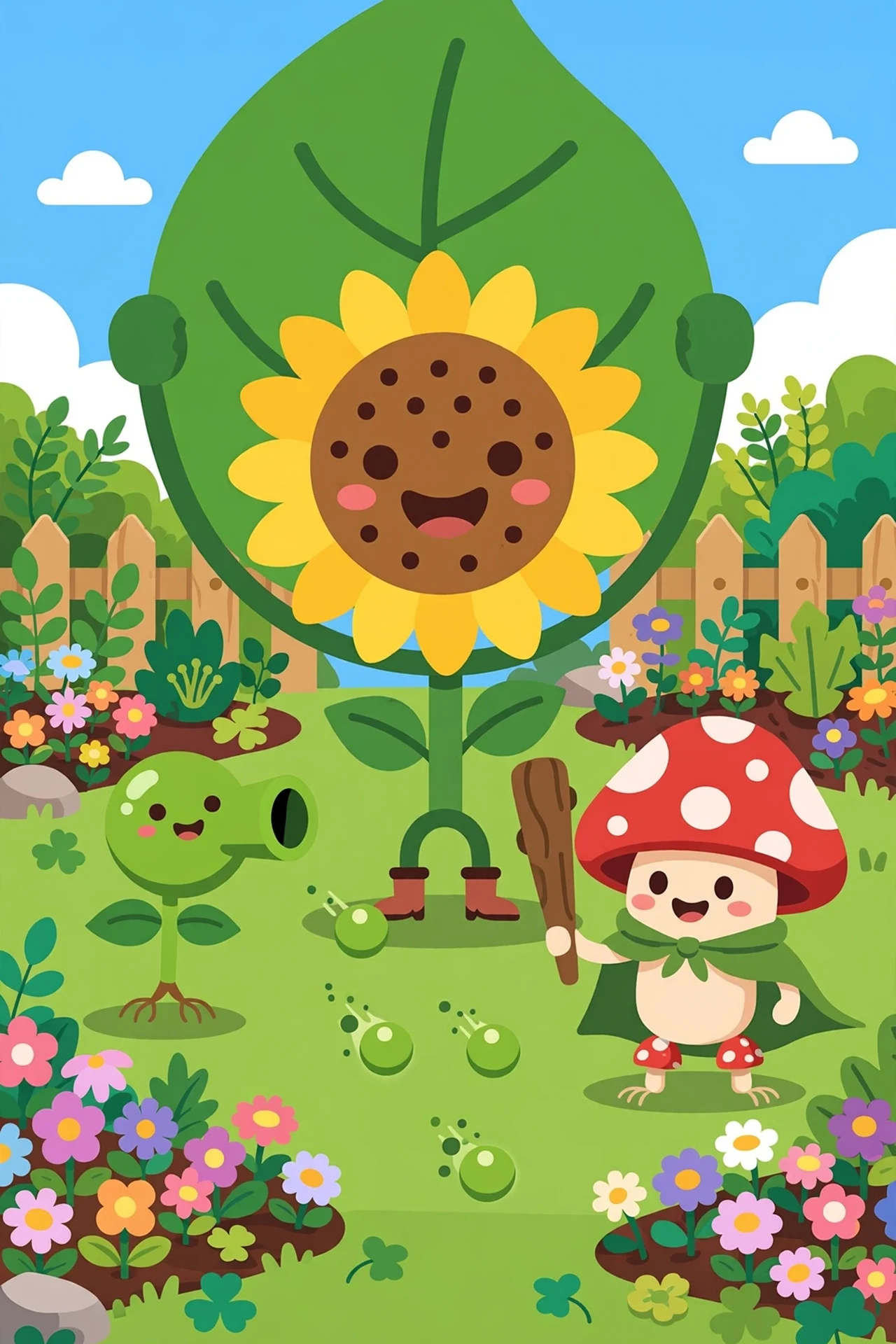 A bright flat-vector garden scene with a winding stone path leading to a cottage, a smiling sunflower, pea sprout, cactus and mushroom plant defenders standing in flower beds beside the path, and cheerful green caterpillars and blue beetles marching along it.