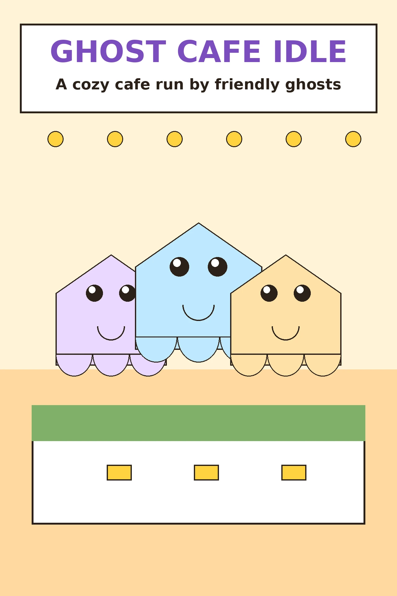 Ghost Cafe Idle cover art showing three friendly cartoon ghosts behind a bright cafe counter