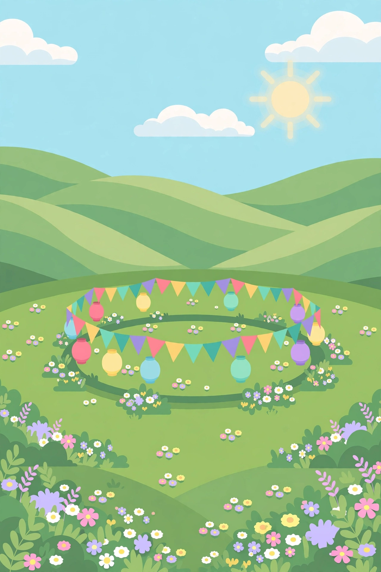 Ghost Duel — a sunny meadow ringed with festival bunting and balloons