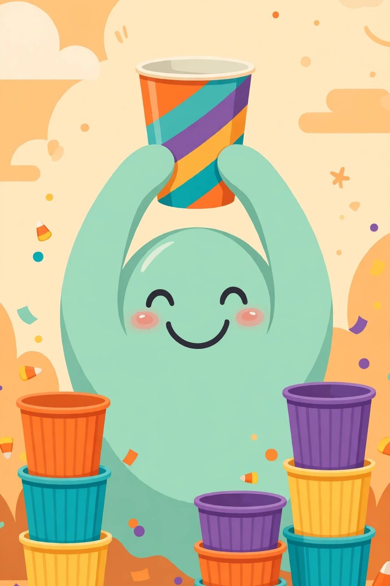 Three cute smiling ghosts in mint, lavender, and peach behind a party table with orange, teal, purple, and yellow cups, confetti, and pumpkins