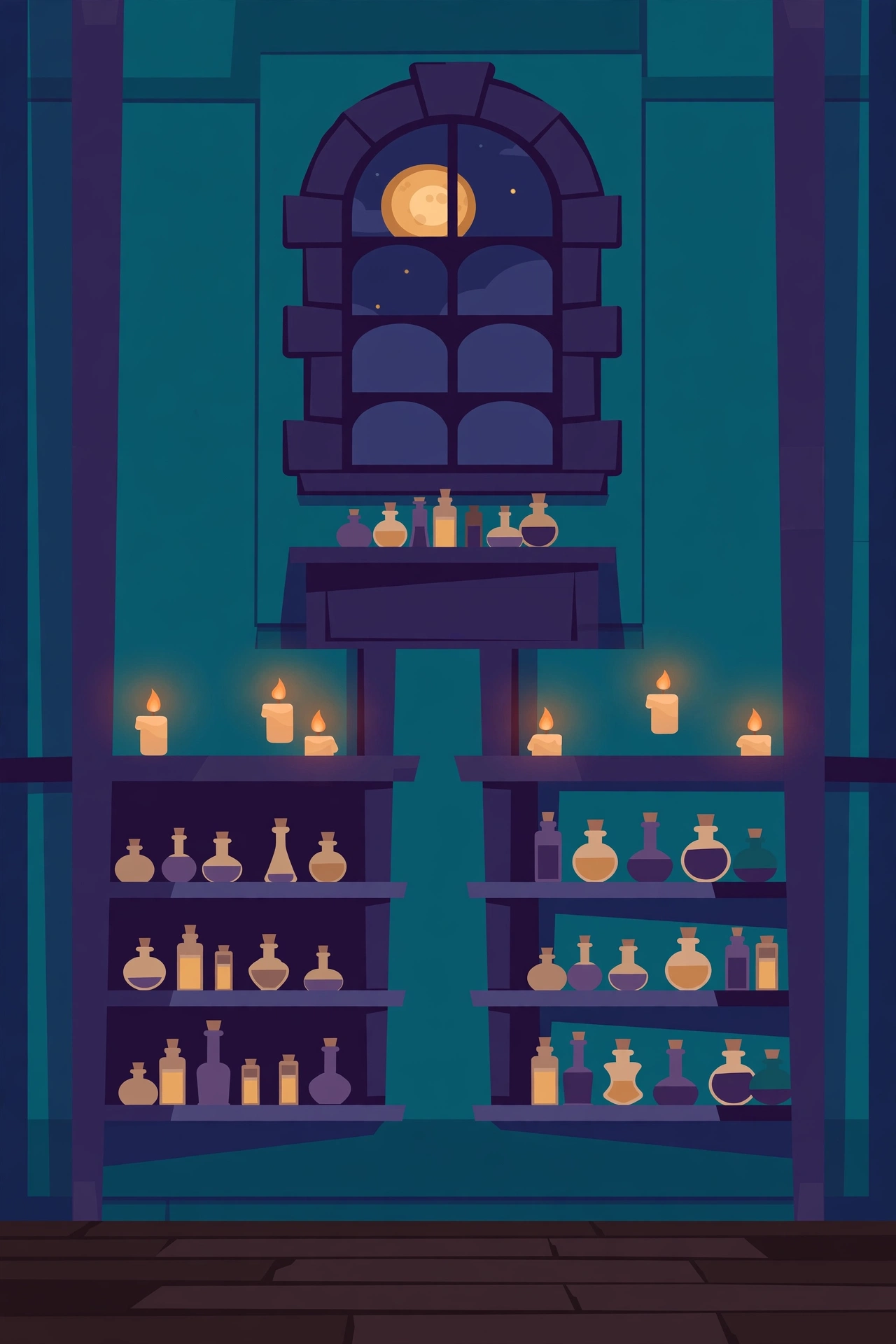 Ghost Sort — a moonlit potion atelier with shelves of glowing flasks