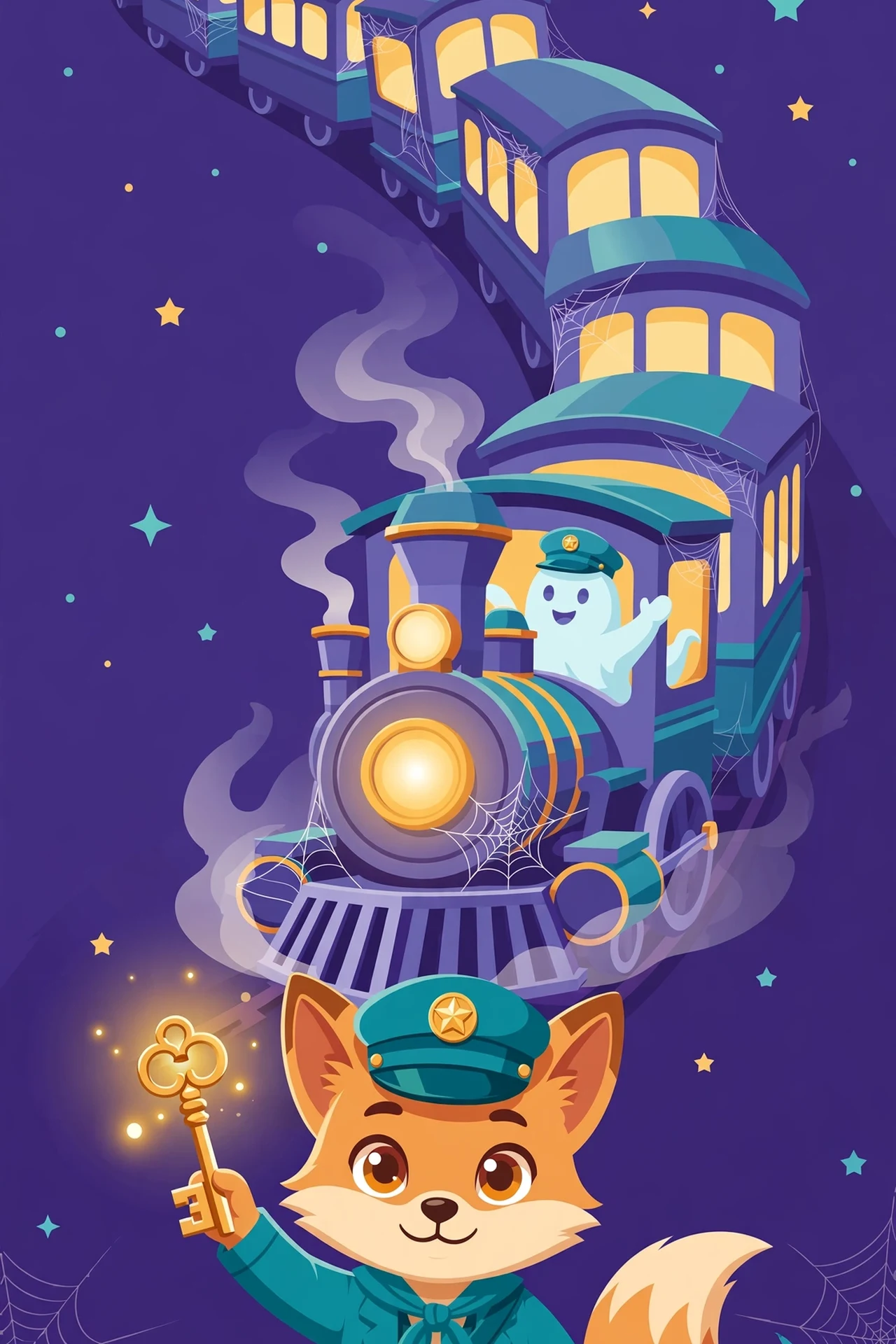 A friendly ghost conductor waves from a purple night train with glowing yellow windows and cobwebs, while a fox in a teal conductor cap holds up a glowing brass key.