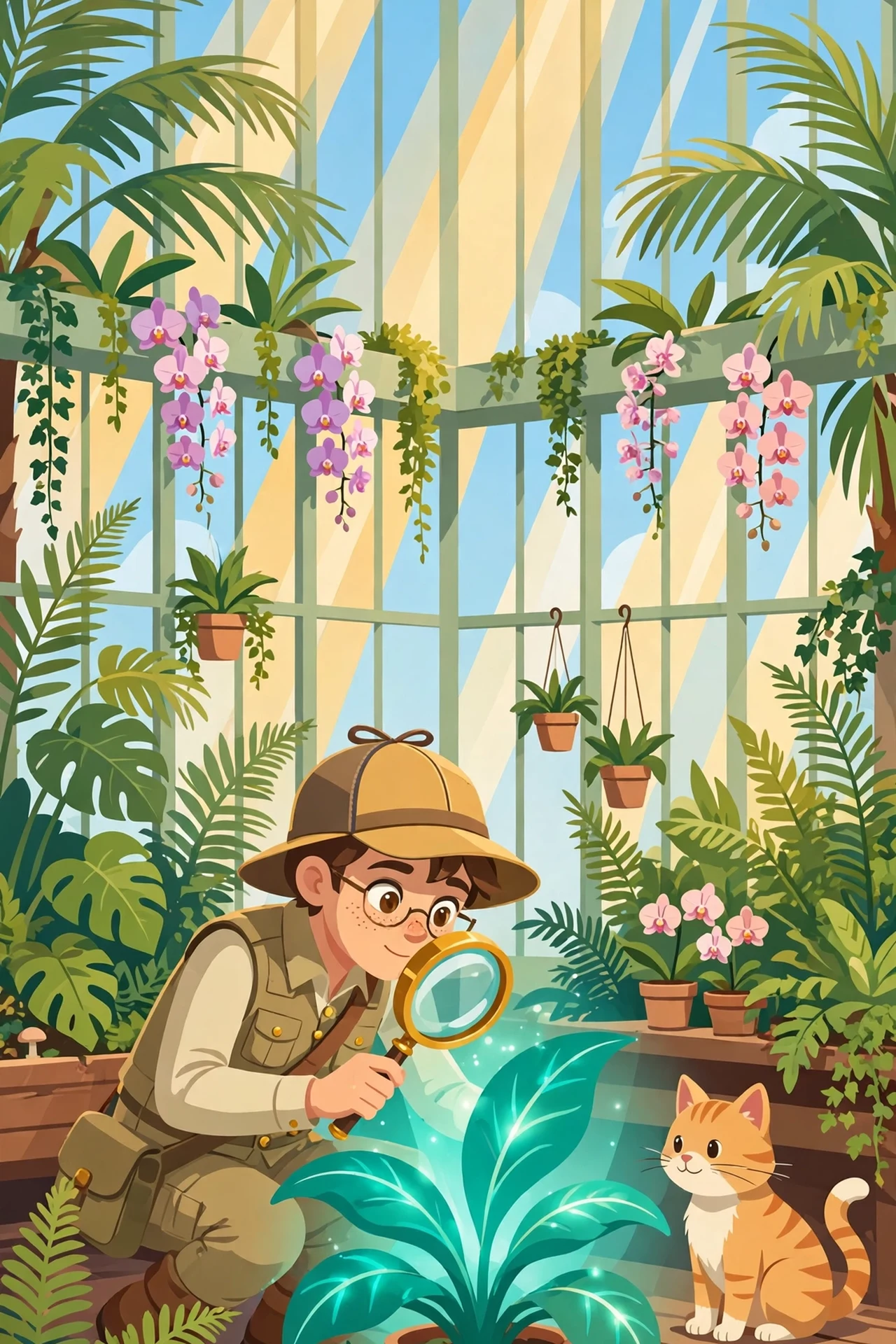 Flat vector cover of a sunny botanical glasshouse: a young botanist detective in a sun hat examines a glowing potted plant with a magnifying glass while an orange cat watches nearby among orchids and ferns.