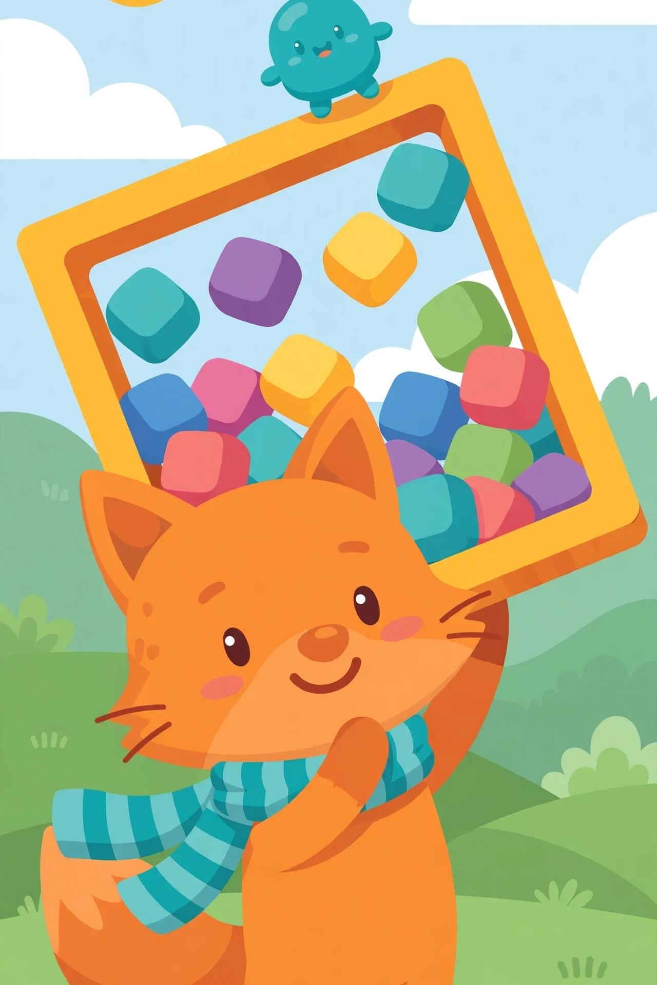 A cheerful orange fox in a striped scarf tilting a big wooden arena board so blank colorful tiles tumble to one side, with a small teal round sprite cheering beside it under a sunny sky