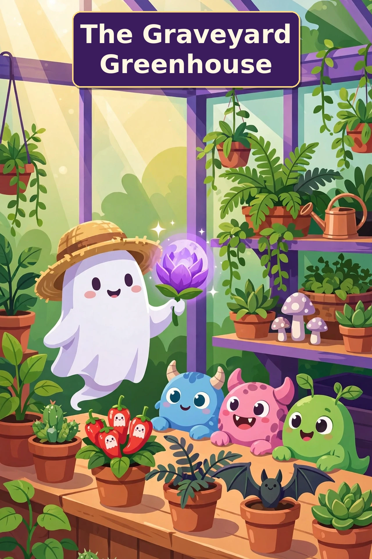 Marnie the ghost gardener waters glowing moonblooms in a sunny greenhouse while happy monster customers wait at a wooden shop counter with coins and spooky-cute plants.