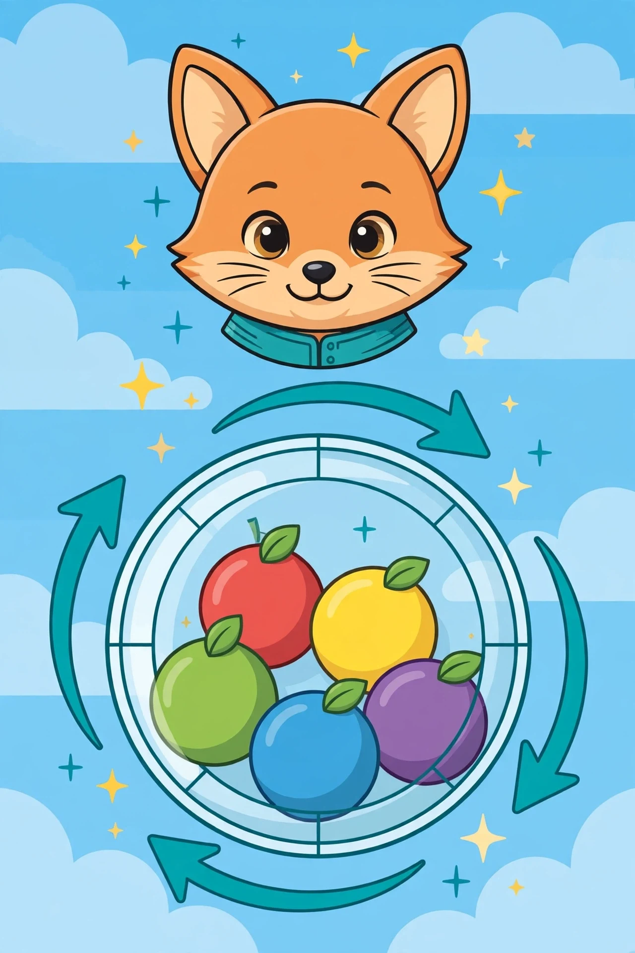 A fox scientist in a teal lab coat beside a round glass well full of colorful merging orbs, with curved arrows circling the well to show shifting gravity