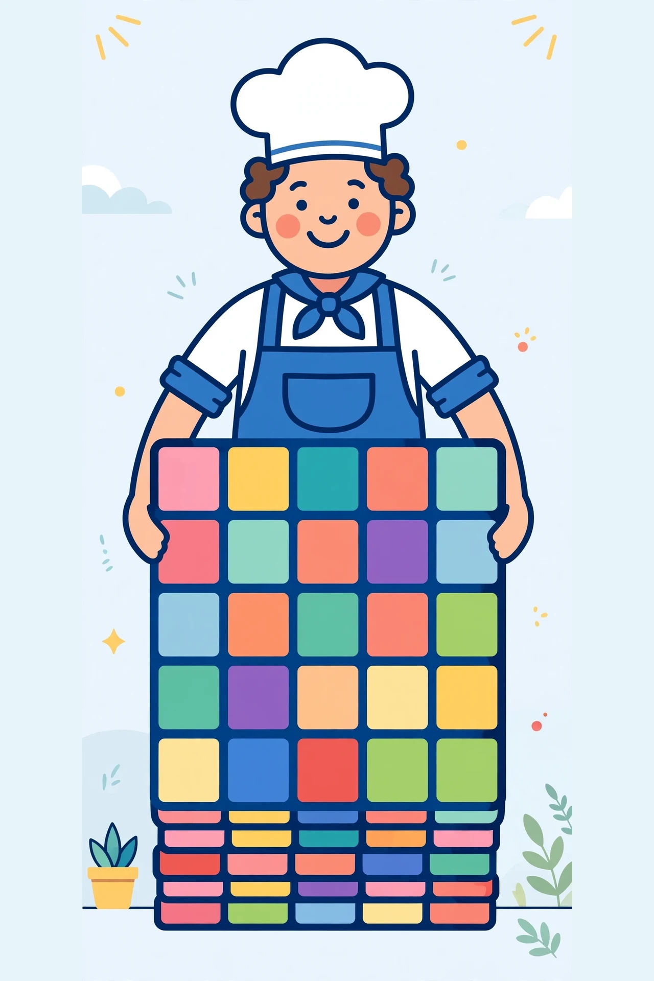 Flat vector illustration of a cheerful chef in an apron and chef hat beside a large waffle-shaped grid of colorful letter tiles in a bright kitchen
