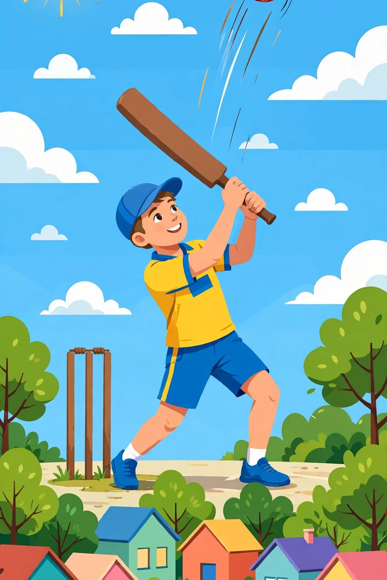 Flat vector cover art of a smiling street-cricket batter in a yellow jersey and blue cap swinging a bat at a red ball on a sunny neighborhood lane, with two cheering teammates and colorful houses behind.
