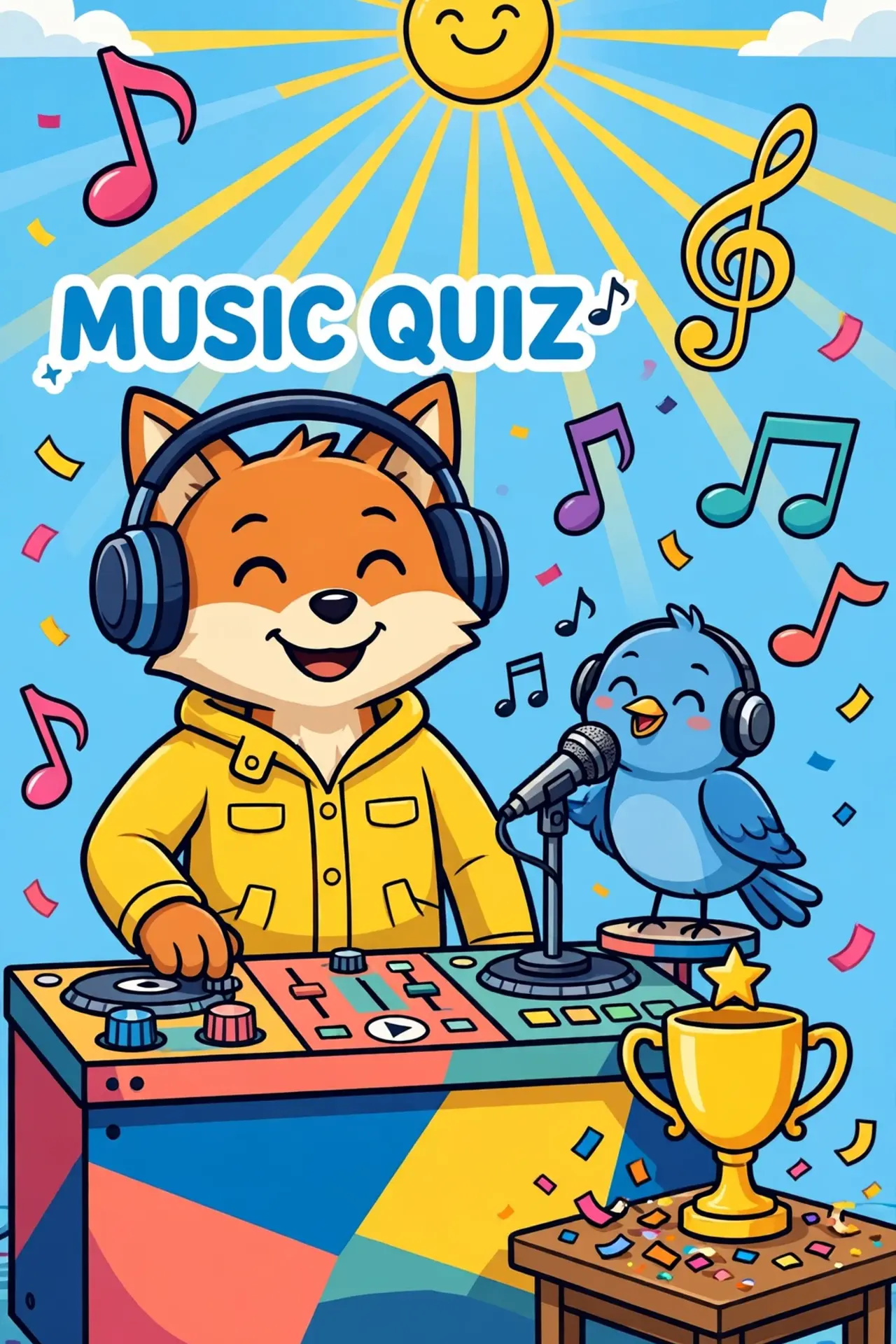 Flat vector cover art of a smiling orange fox DJ in headphones and a yellow jacket at a mixing desk beside a blue singing bird with a microphone, a golden trophy, musical notes, and a yellow Music Quiz banner under a bright blue sky