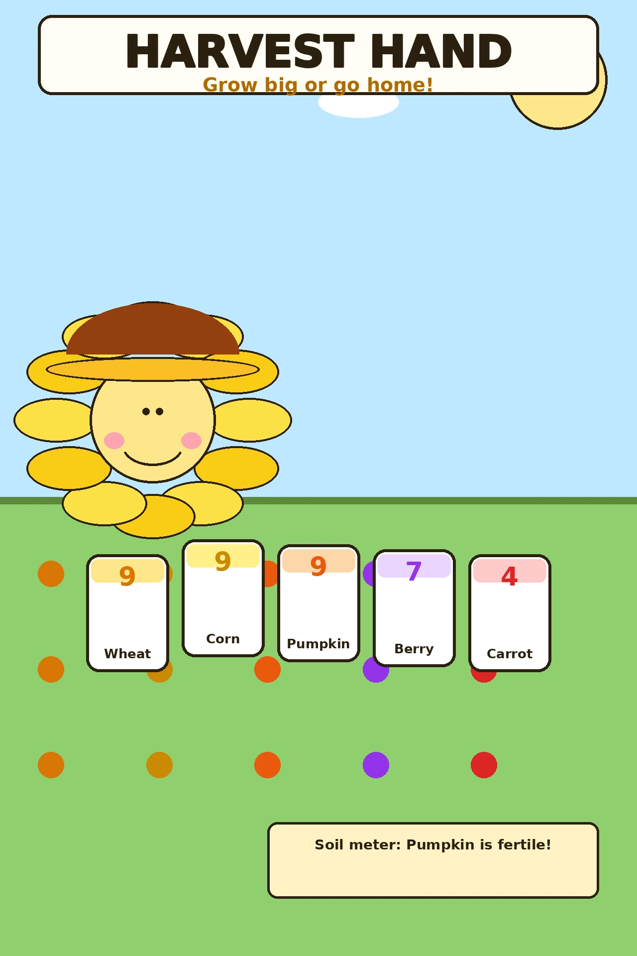 Flat vector illustration of Sunny, a cheerful sunflower farmer in a straw hat, holding a fanned hand of colorful crop cards above a sunny farm field with wheat, corn, pumpkins, berries and carrots.