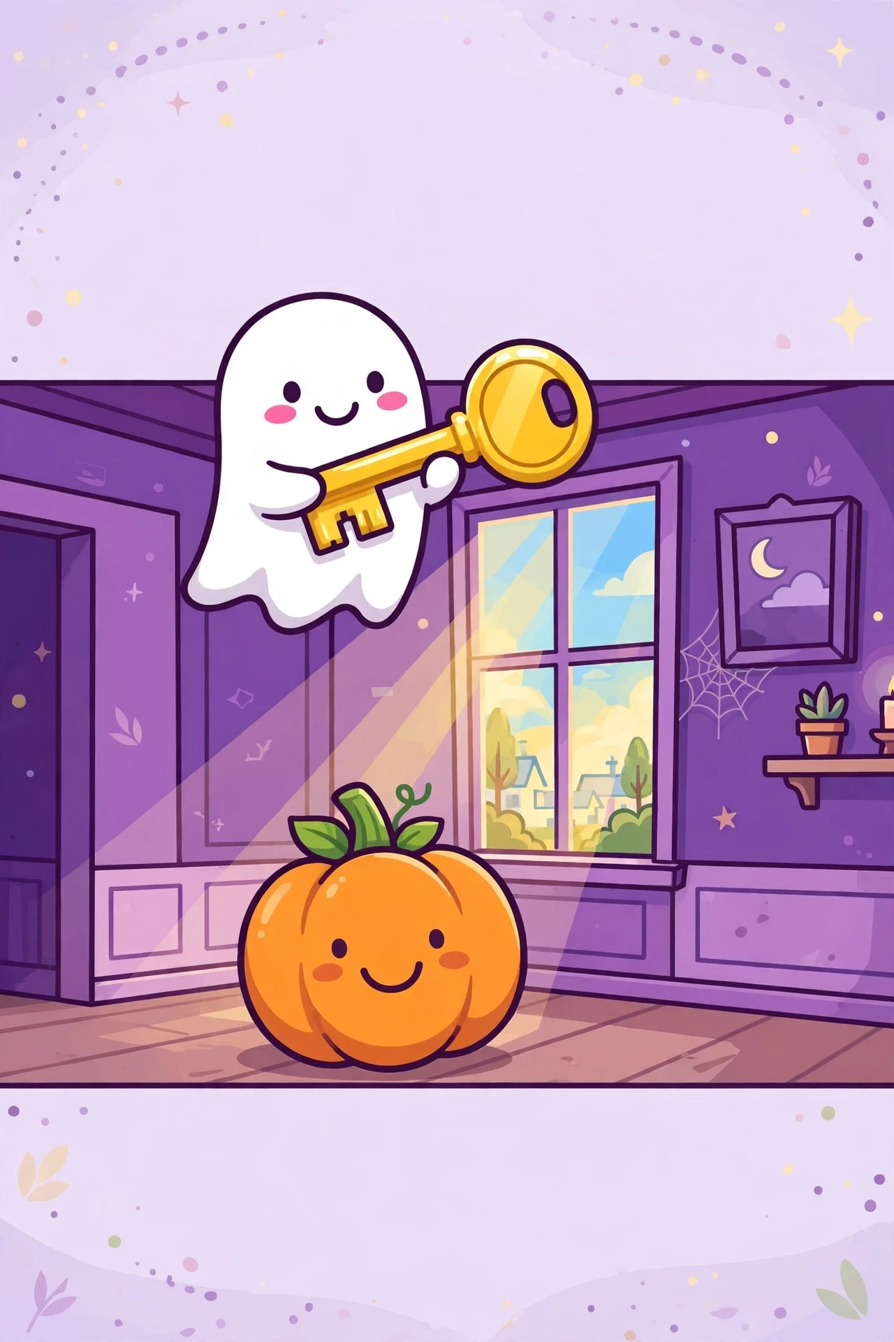 A smiling white ghost and a smiling pumpkin character holding up a big golden key together in a sunny haunted house room with purple furniture and pumpkin decorations.