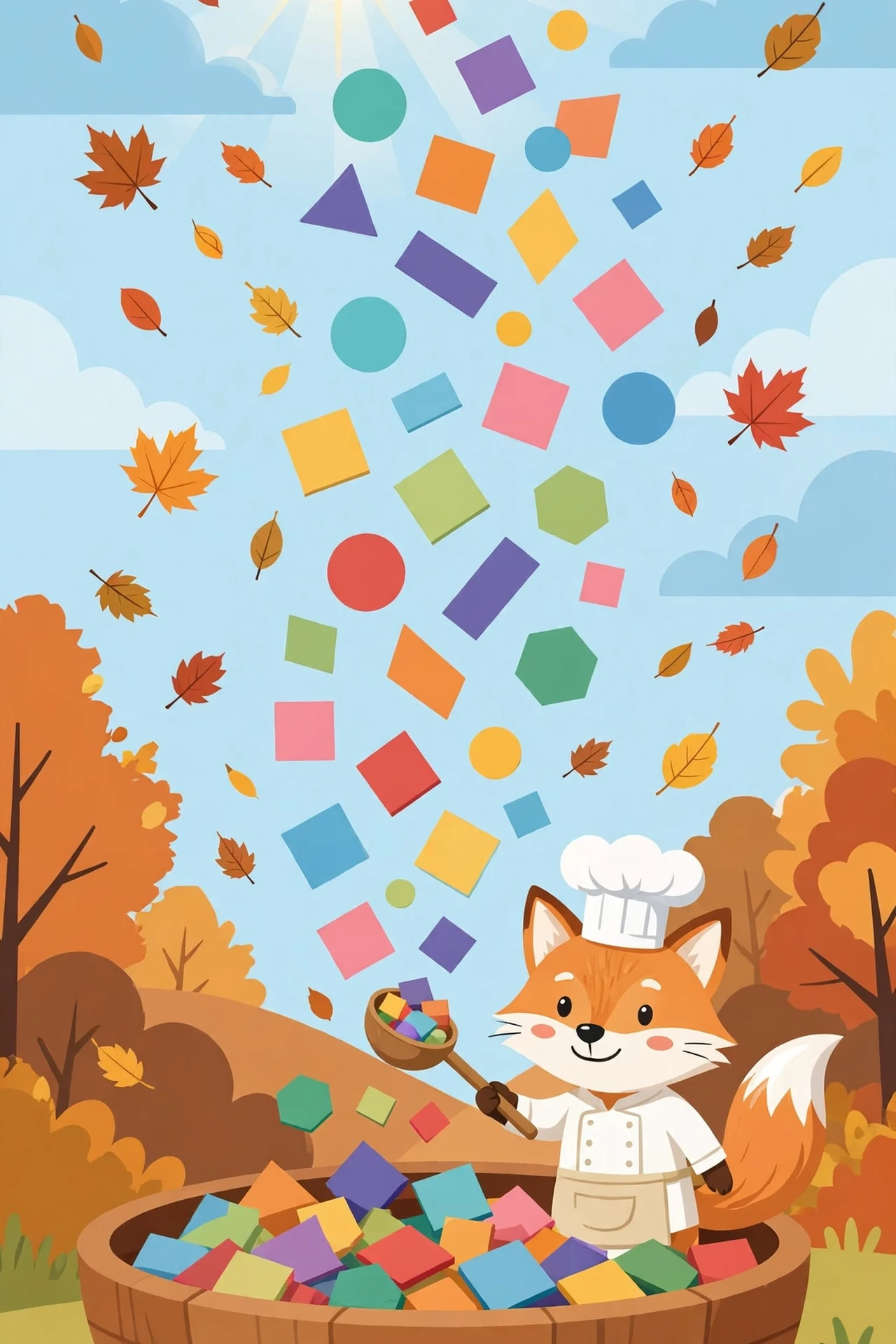 A cheerful fox chef in a white apron and chef hat scooping colorful blank letter tiles into a large wooden bowl in a sunny autumn field