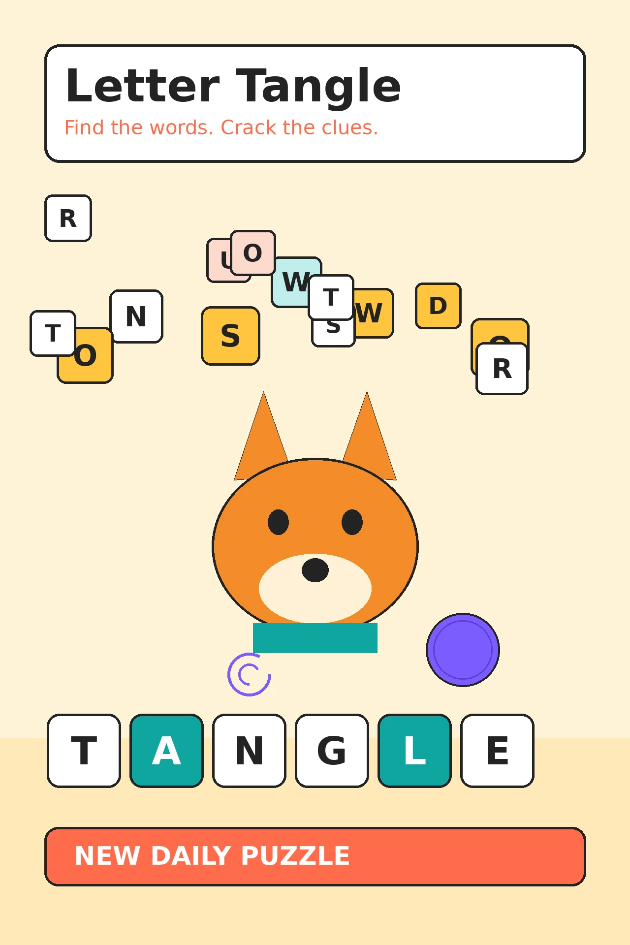 Flat vector illustration of Tilly the orange fox beside big letter tiles spelling TANGLE, with scattered letter tiles and purple tangle swirls on a warm cream background.