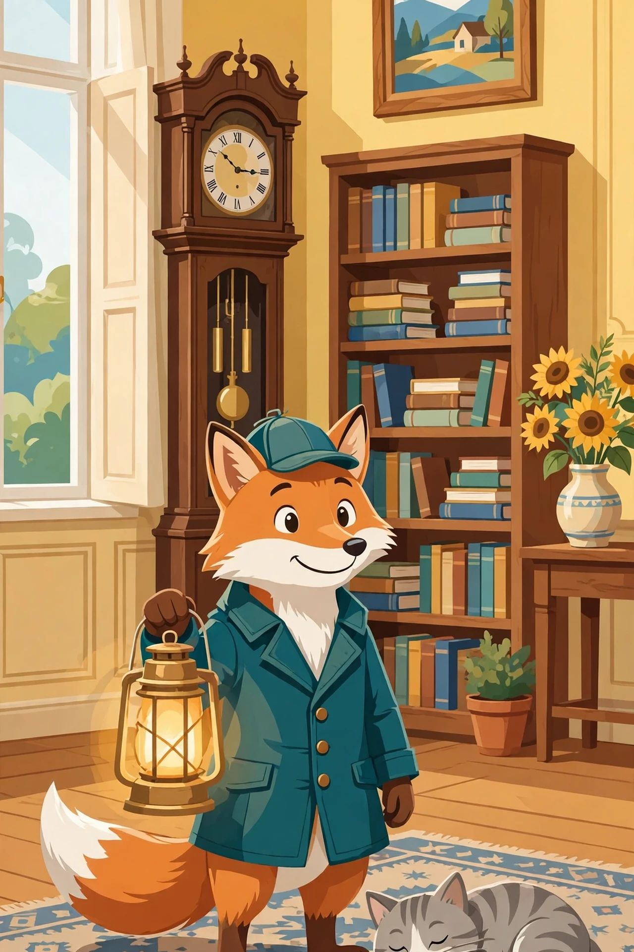 Flat vector cover of a bright manor living room with a fox detective in a teal coat holding a glowing lantern, a grey cat on a patterned rug, a vase of sunflowers, a bookshelf and a tall clock.