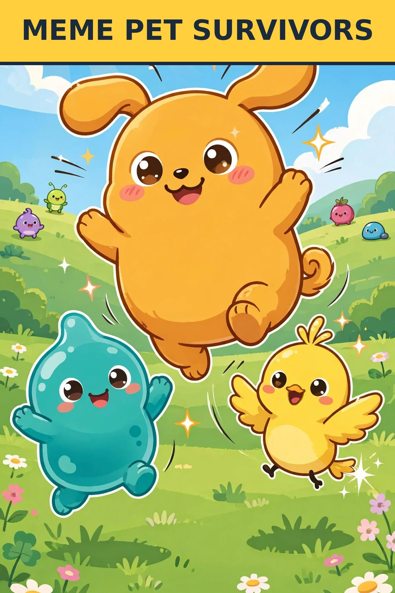 Pip the Hype Pup, a round golden-orange cartoon pet, leaping in a sunny meadow with slime buddy Bloop and spark bird Zing beside him