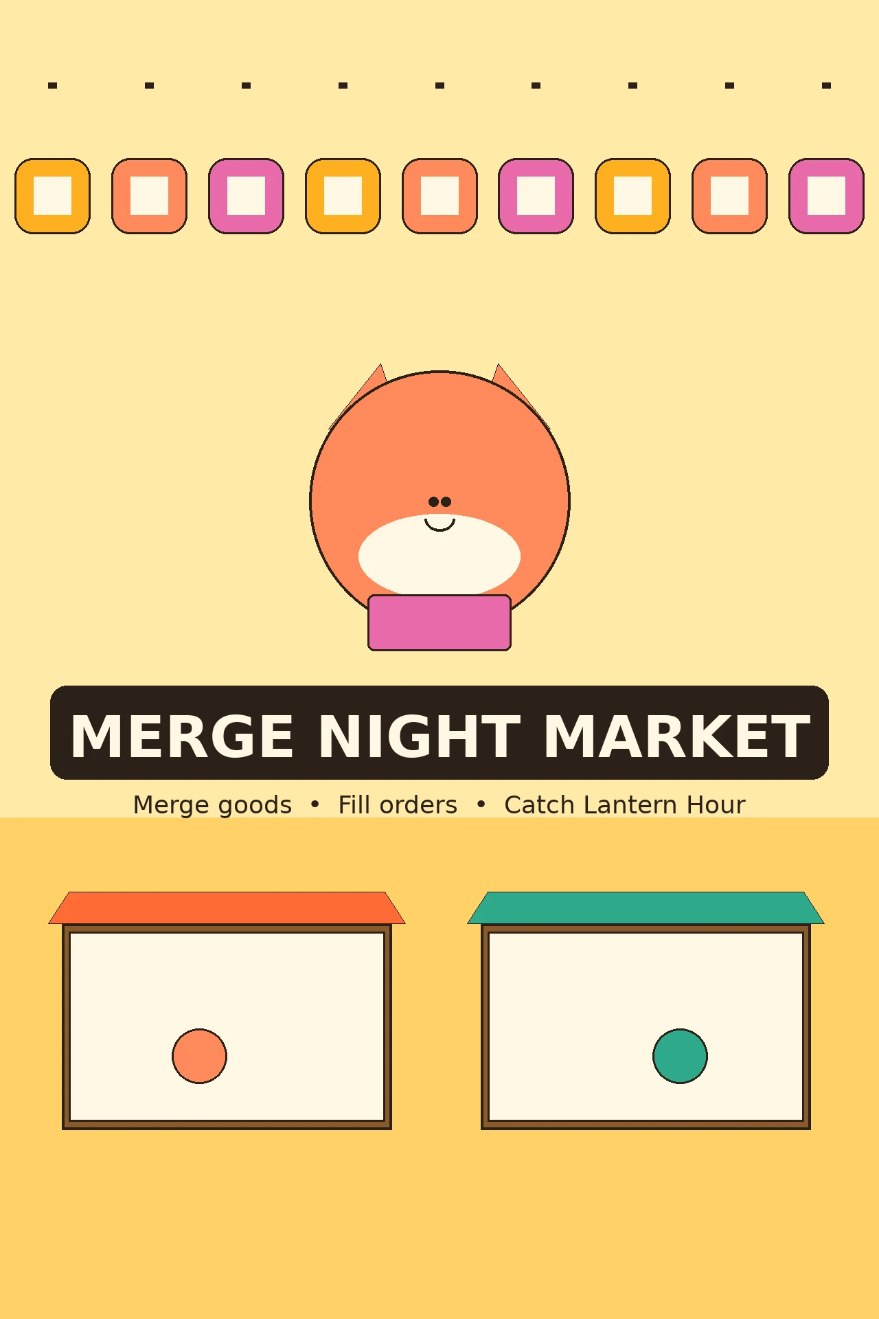 Mei the market keeper, a cheerful fox in a pink apron, beside a bright night-market stall stacked with dumplings, glowing paper lanterns, teapots, and sweets under strings of warm lanterns.