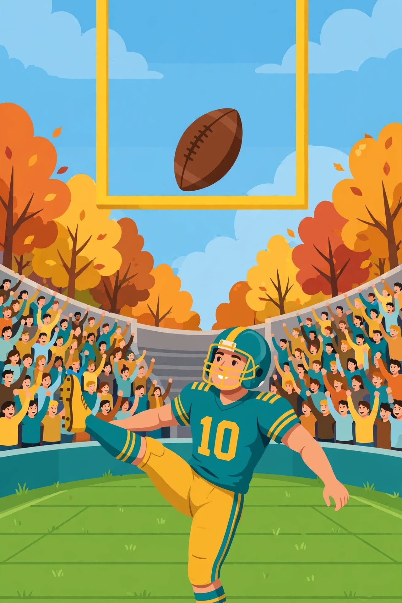 Flat vector cover art of a cartoon kicker in a teal and gold uniform mid-kick on a green field, a brown football flying toward tall yellow goalposts, with a cheering crowd and autumn trees under a blue sky.
