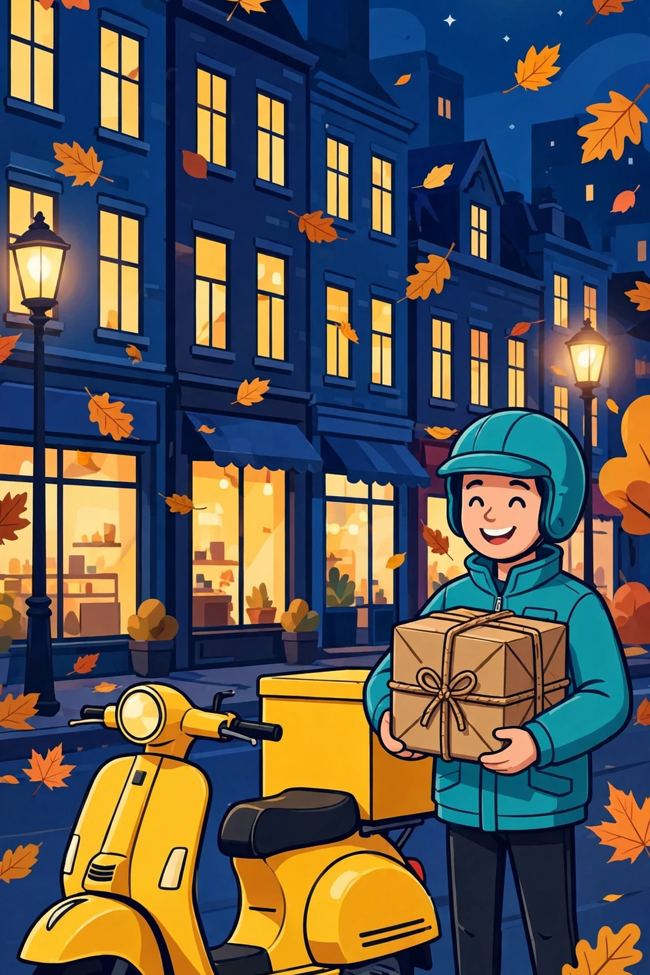A smiling courier in a teal jacket and helmet waving from a bright yellow scooter with a parcel box, riding past a bookshop and a flower stall on a night city street with lit windows, street lamps and drifting autumn leaves